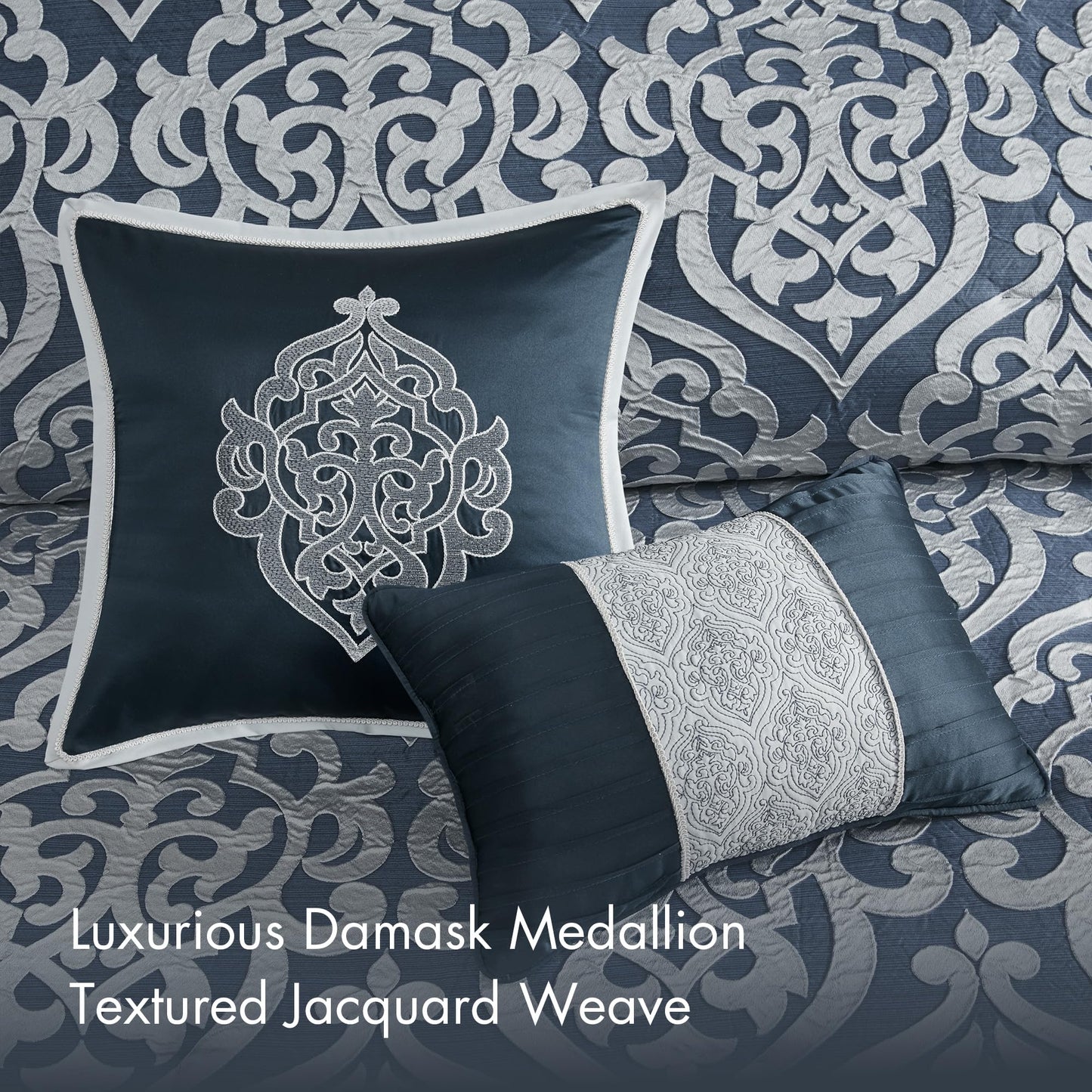 Madison Park Odette Cozy Comforter Set Jacquard Damask Medallion Design - Modern All Season, Down Alternative Bedding, Shams, Decorative Pillows, King(104 in x 92 in), Navy 8 Piece