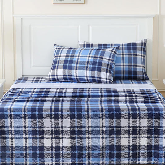 MICORAL Queen Sheet Set Blue Gingham Plaid, 4-Piece Brushed Microfiber Grid Bed Sheets, 16" Deep Pocket, Ultra Soft & Cooling Sheet, Oeko-TEX Certified, Blue