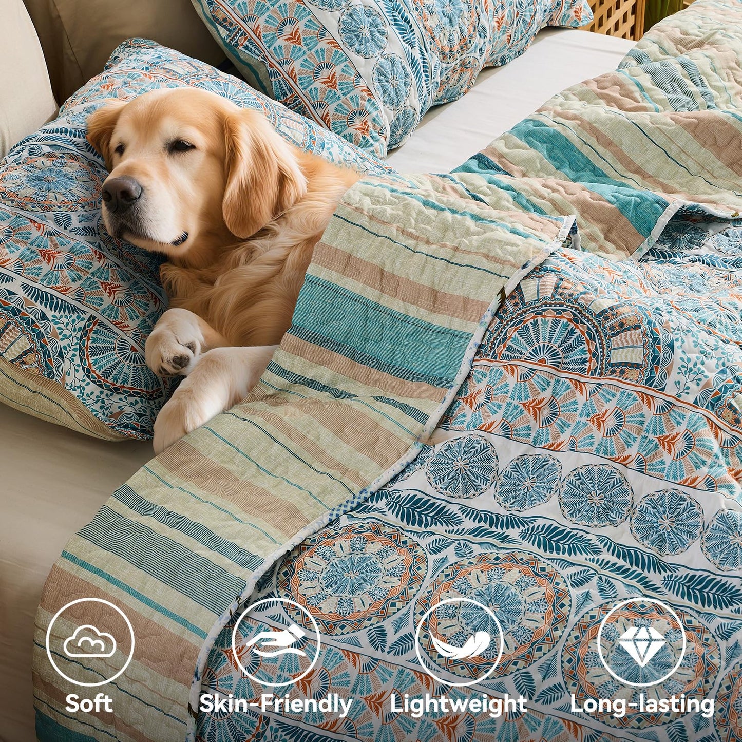Qucover King Size Quilt Bedding Set, Teal Blue Striped Reversible Boho Quilt Sets, 3pc Lightweight Microfiber Oversized King Bedspread Coverlet for All Season, Bohemian Bedroom Decor