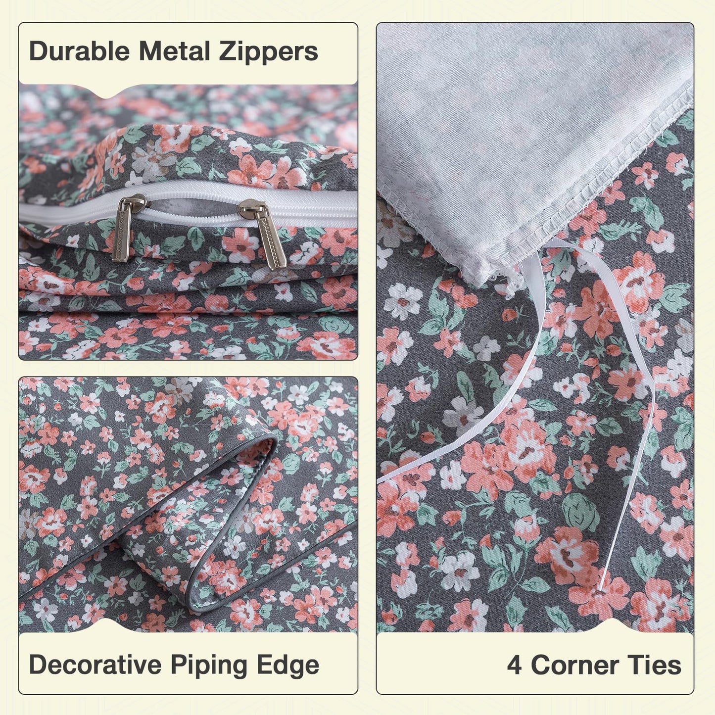 Puralens Dark Grey Vintage Floral Duvet Cover, King 100% Cotton Percale Pink Flower Comforter Cover Set, Shabby Chic Reversible Toile Bed Cover Set with Ties, Luxury Farmhouse Zipper Bedding, 3Pcs