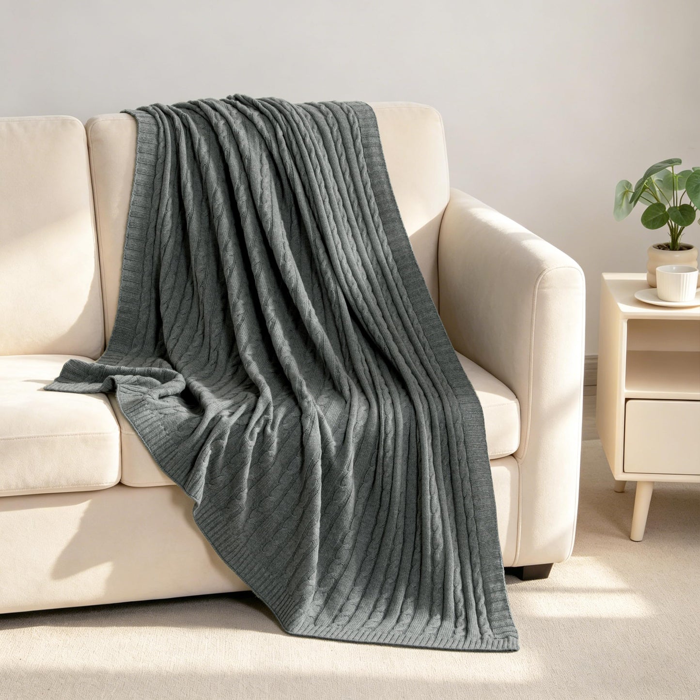 NTBAY 100% Pure Cotton Cable Knit Throw Blanket, Super Soft Warm 51x67 Knitted Throw Blanket for Couch, Sofa, Chair, Bed - Extra Cozy, Machine Washable, Comfortable Home Decor, Grey and White
