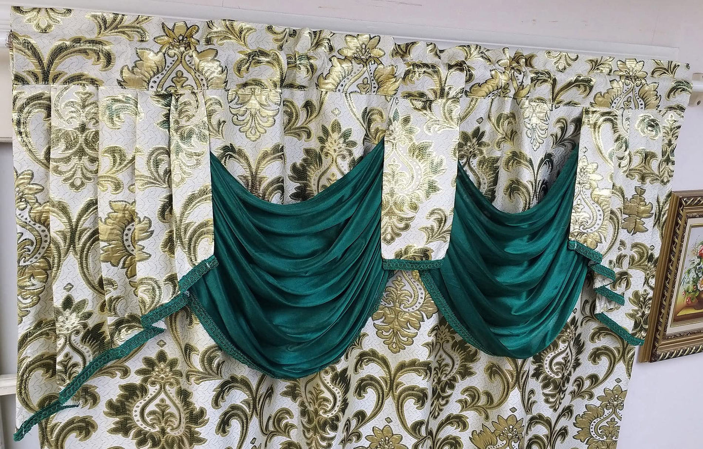 GOHD Samba Star. Jacquard Window Curtain Panel Drape with Attached Fancy Valance and Taffeta Backing. 2pcs Set. Each pc 54" Wide x 90" Drop with 18" Valance. (Hunter Green)