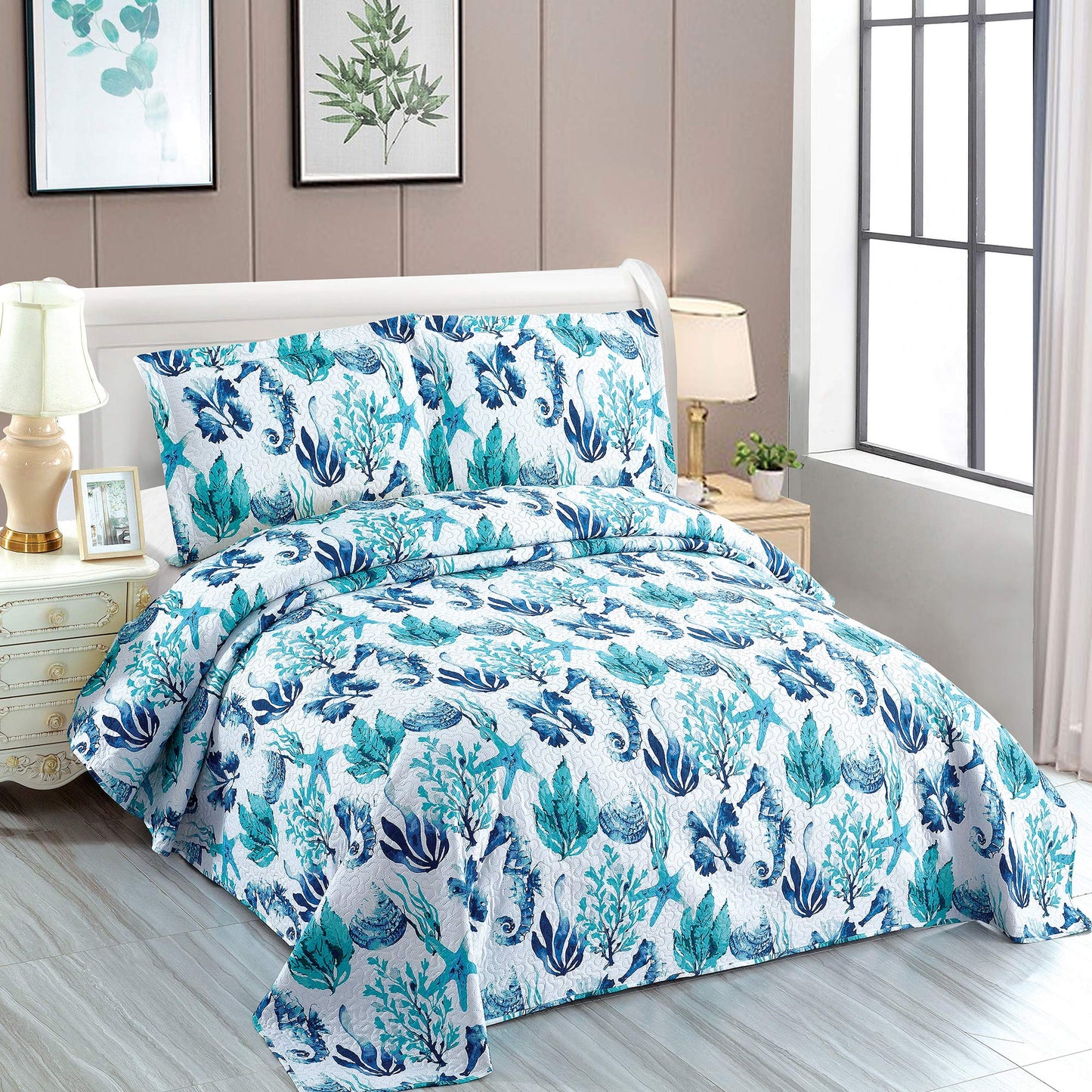 Bedspread Set King Size Quilts Beach Bedding Coastal Ocean Reversible Quilts Summer Bedspread Coverlet Soft Lightweitht Quilt Bedding Tropical Bed Set Home Collection Quilt with Shams Aqua