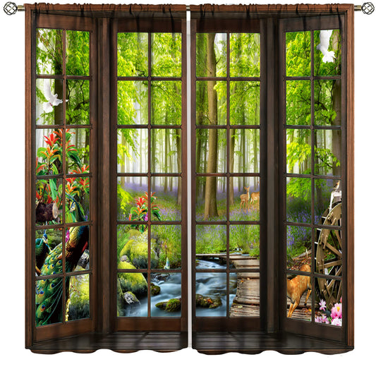 AuiMzoo Landscape Curtains, 3D Window Spring Forest Wildlife Nature Scenery, Bedroom Living Room Blackout Thermal Curtains 2 Panel Set, 42x45 Inch, Style-4