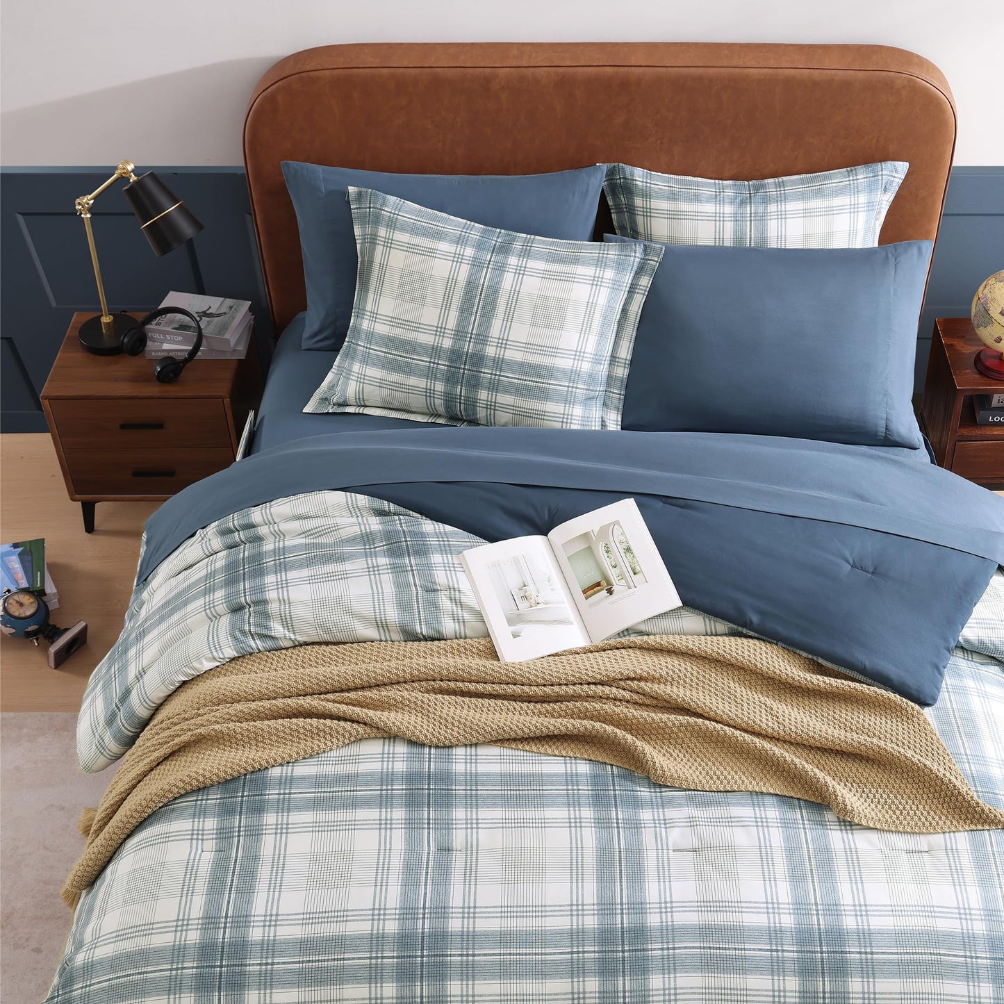 AMBERSPACE Twin XL Comforter Set, Blue Grey Plaid Bedding Set 5 Piece for Boys Girls Teen, Classic Homestead-Style Kids Comforter Set Bed in A Bag with Sheets, Pillowcase & Sham