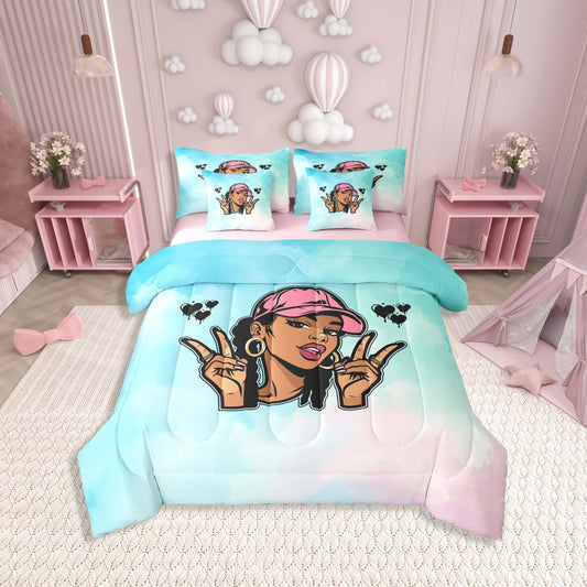 Erosebridal Cute Black Girl Twin Size Bedding Set Hip Hop Pink Hat Y2K 7 Pieces Comforter Set with Sheets for Teens Women Cool African American Bed in a Bag Tie Dye Gradient Pastel Bed Sets