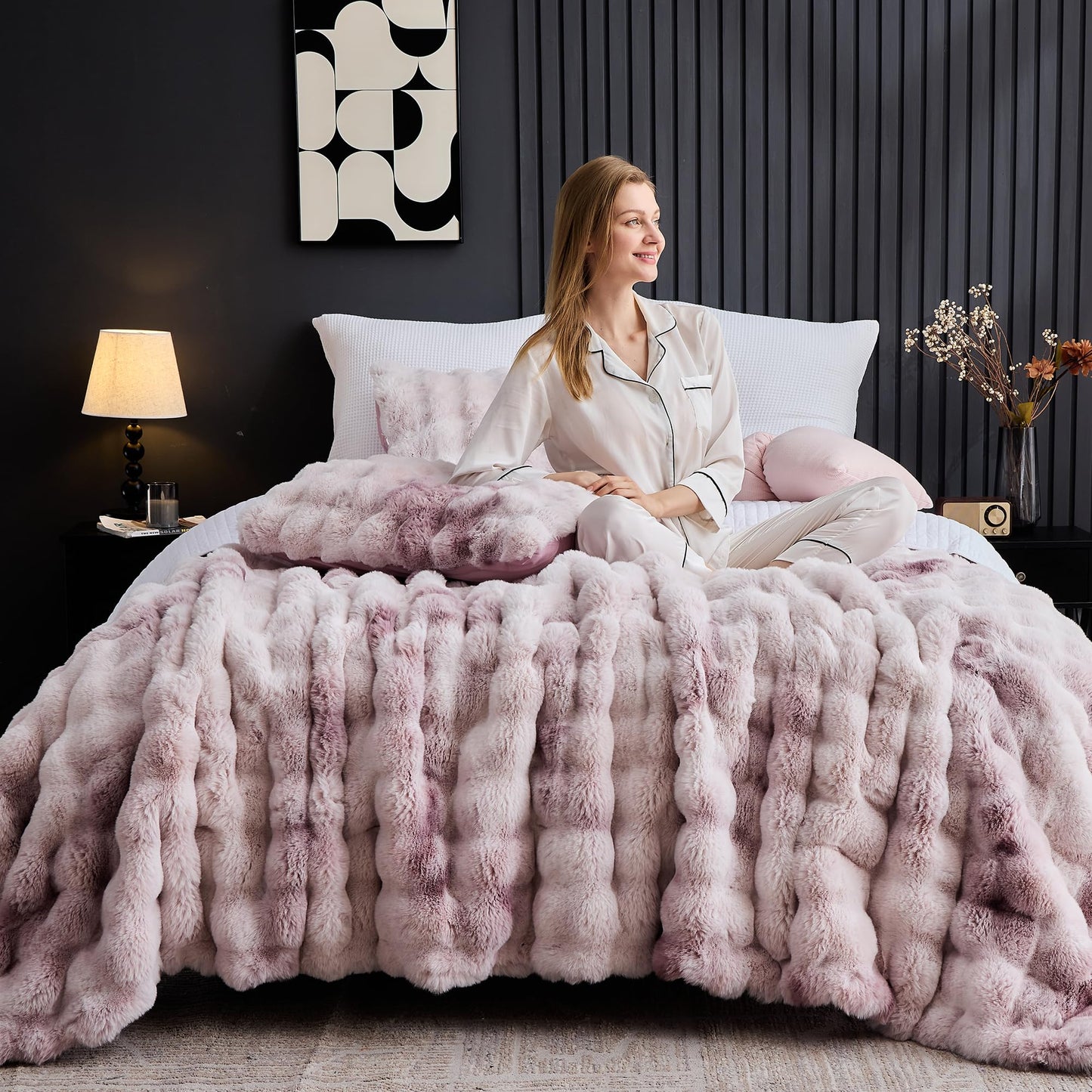 Wonderful 3 Pieces Fluffy Faux Rabbit Fur Bubble Comforter Set King Size, Tie-Dyeing Pink Purple Plush Fuzzy Bedding Set, Warm Soft Bubble Comforter Bedding Set for Winter