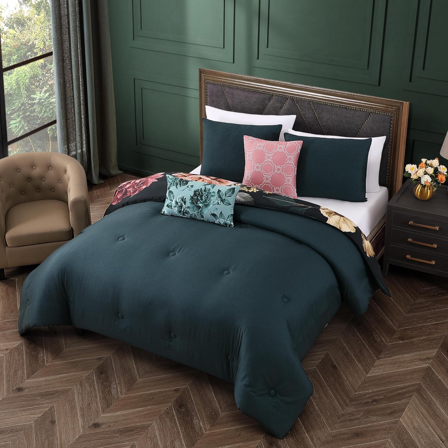 Bebejan Botanical Birds 5 Piece Comforter Set, 100% Cotton Sateen, 220 Thread Count, Black Reversible Bedding Comforter Set, 1 Comforter, 2 Shams & 2 Pillows (King/Cal King)