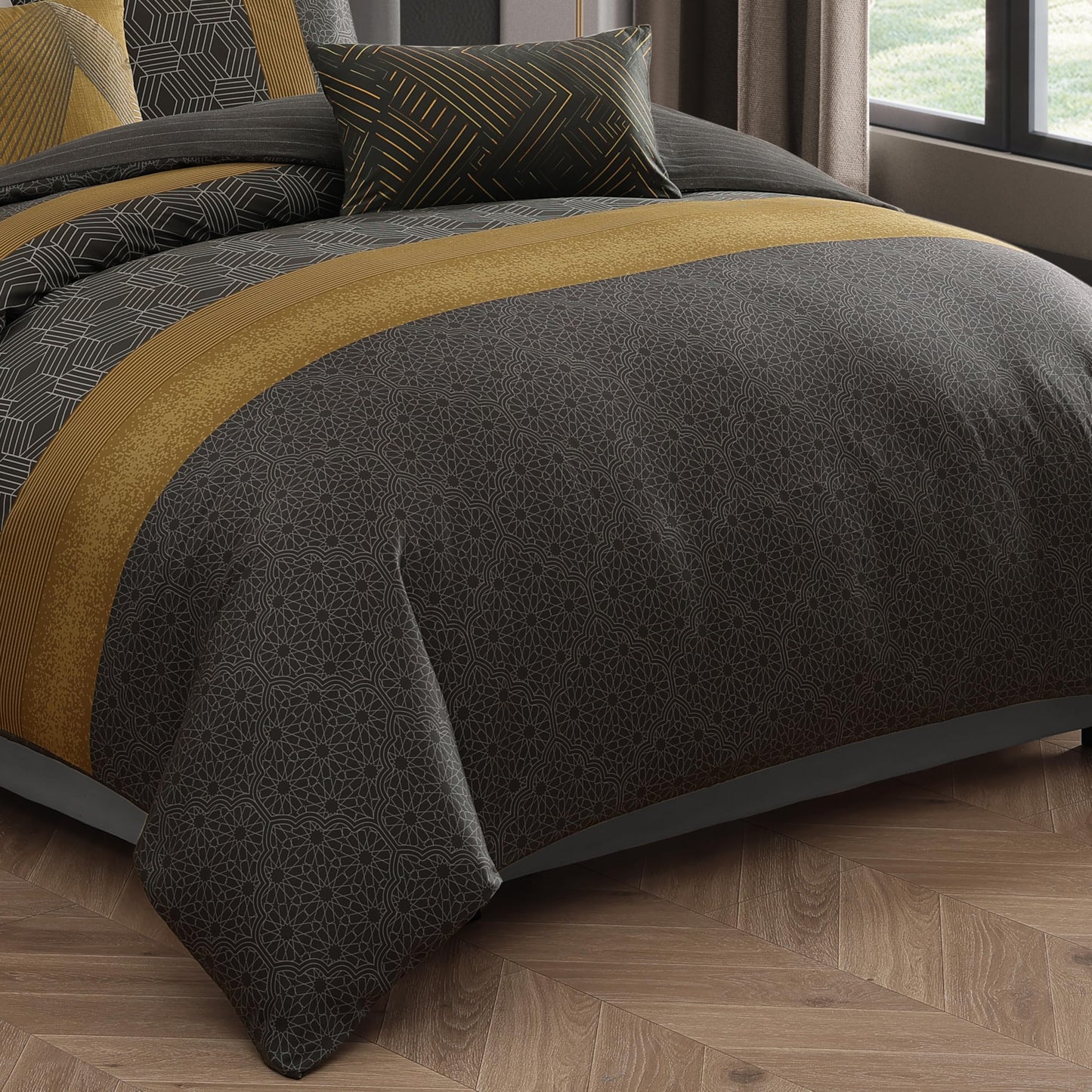 Bebejan Golden Hex 5 Piece Comforter Set, 100% Cotton Sateen, 220 Thread Count, Grey Reversible Bedding Comforter Set, 1 Comforter, 2 Shams & 2 Pillows (King/Cal King)