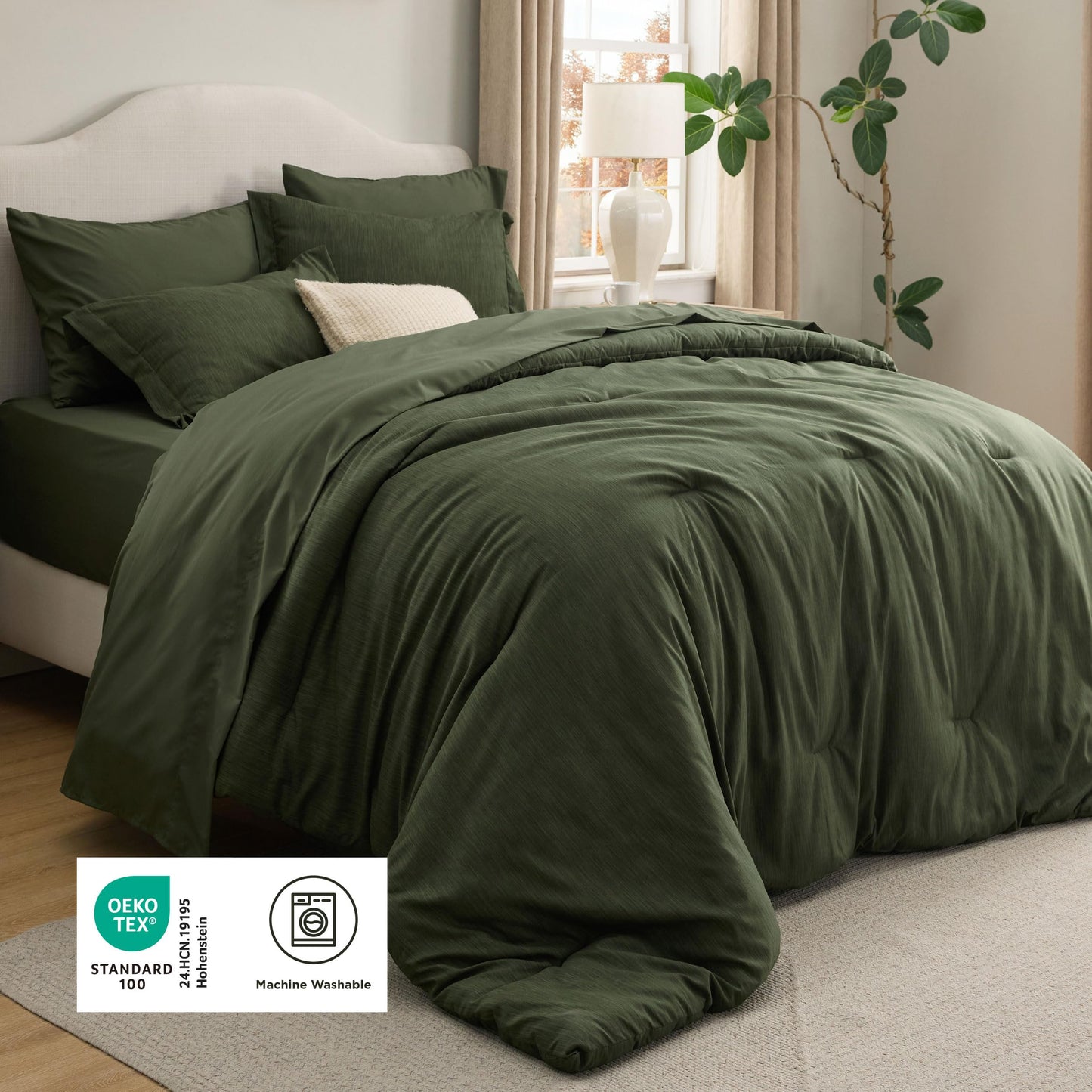 Bedsure Queen Comforter Set Dark Green - Bed in a Bag Queen Size Bedding 7 Pieces, Cationic Dyed Bed Set, Dark Green Soft Bedding for All Seasons Comforter with Sheets, Pillowcases & Shams
