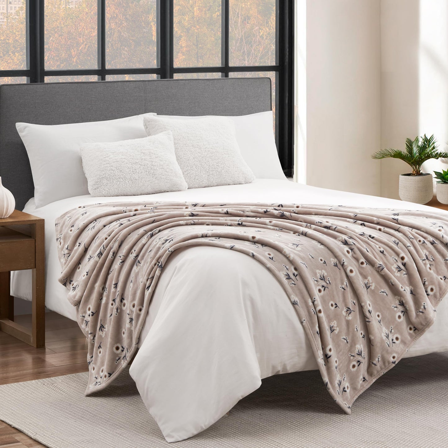 Lucky Brand Cozy Plush Blanket - Premium Microfiber Throw for Luxurious Comfort and Style, 50" x 70", Daisy Beige Floral