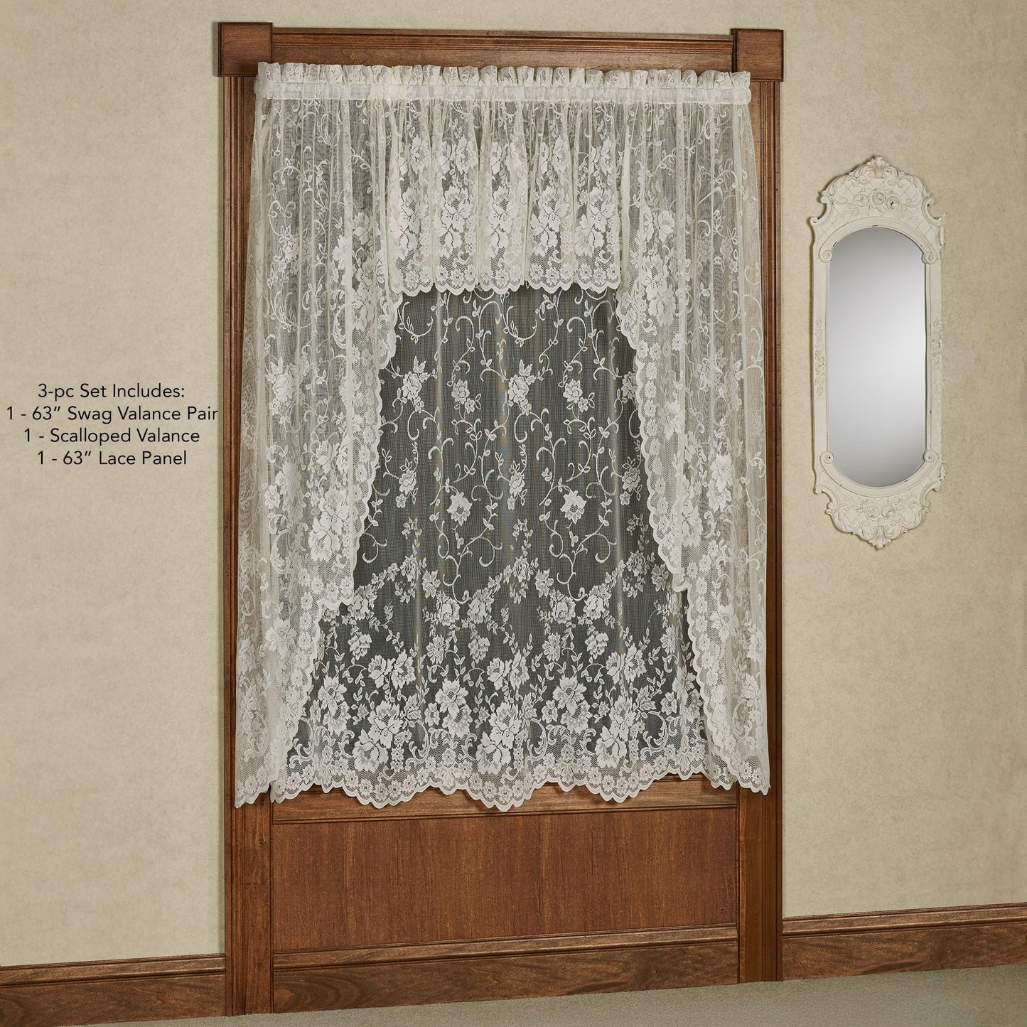 Luxury Sheer Polyester Enchanting Roses Lace Window Treatment | 3 Piece Set: Scallop Valance, 63L Swag Pair, and 63L Panel | Classic Flower | Ivory | Rod Pocket | Machine washable | Light Filtering