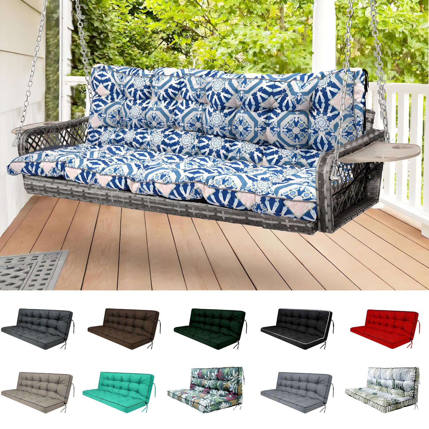 YQNUCO Outdoor Swing Cushions, Waterproof Porch Swing Cushions 3 Seater Replacement with Backrest, 4" Thicken Bench Cushion with Ties for Backyard, Patio, Lawn and Garden (‌Blue Geometric‌, 63 inch)