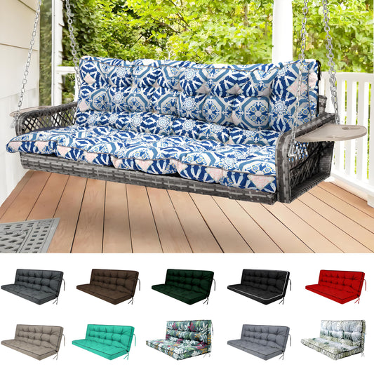 YQNUCO Outdoor Swing Cushions, Waterproof Porch Swing Cushions 3 Seater Replacement with Backrest, 4" Thicken Bench Cushion with Ties for Backyard, Patio, Lawn and Garden (‌Blue Geometric‌, 63 inch)