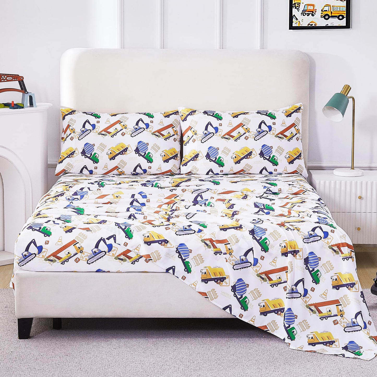 CozySmile Twin Sheet Set Kids,3 Pieces Breathable Soft Microfiber Bedsheets for Boys, Oeko-TEX, Anti Pilling Deep Pockets Easy Care Bed Sheets, Construction car