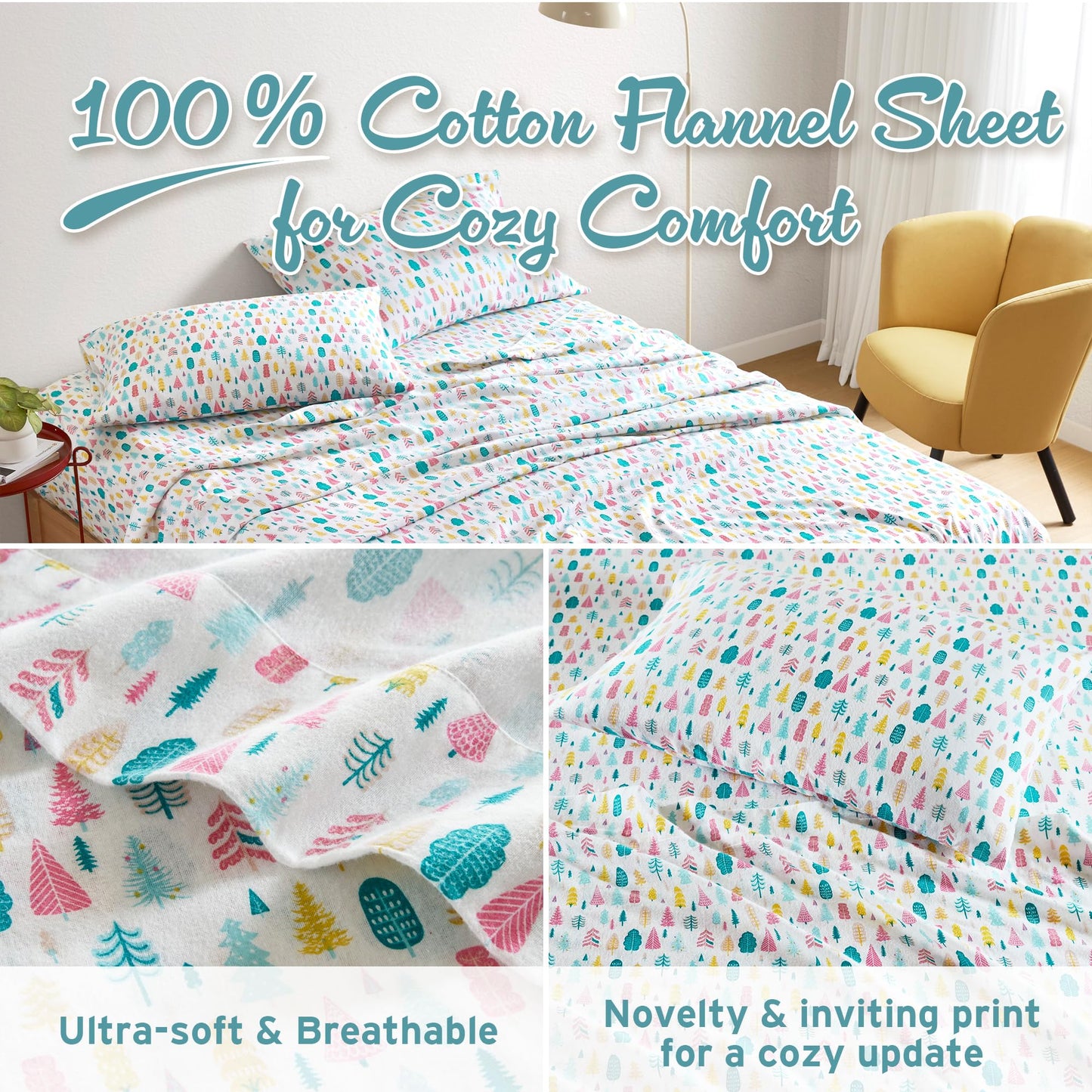 Intelligent Design Cozy Soft 100% Cotton Flannel Sheets, Breathable Festive & Adorable Print Cotton Flannel Sheet Set, Deep Pocket Sheet Fits Up to 16" Mattress, Full White Holiday Trees 4 Piece