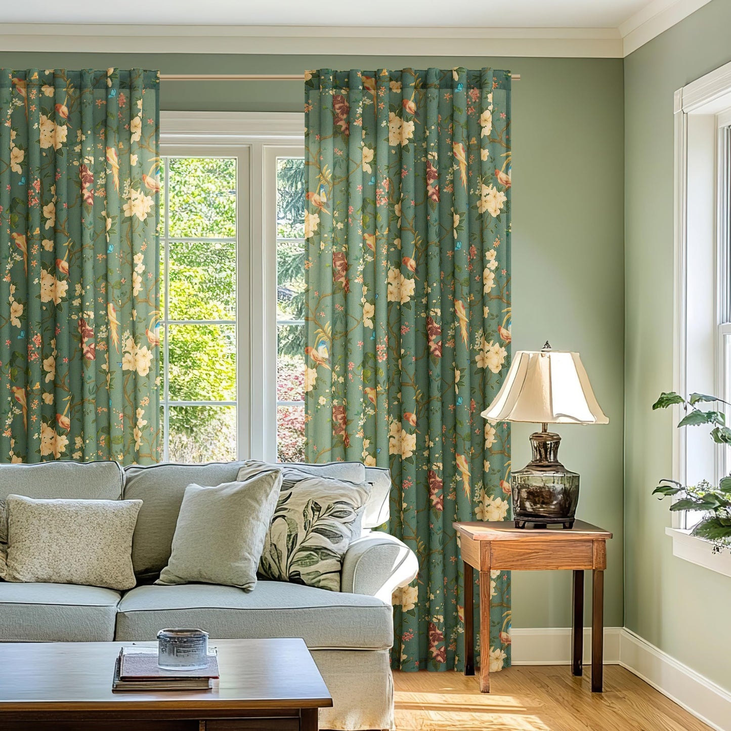 Olive Green Floral Linen Curtains for Living Room 84 Inches Long 2 Panels
