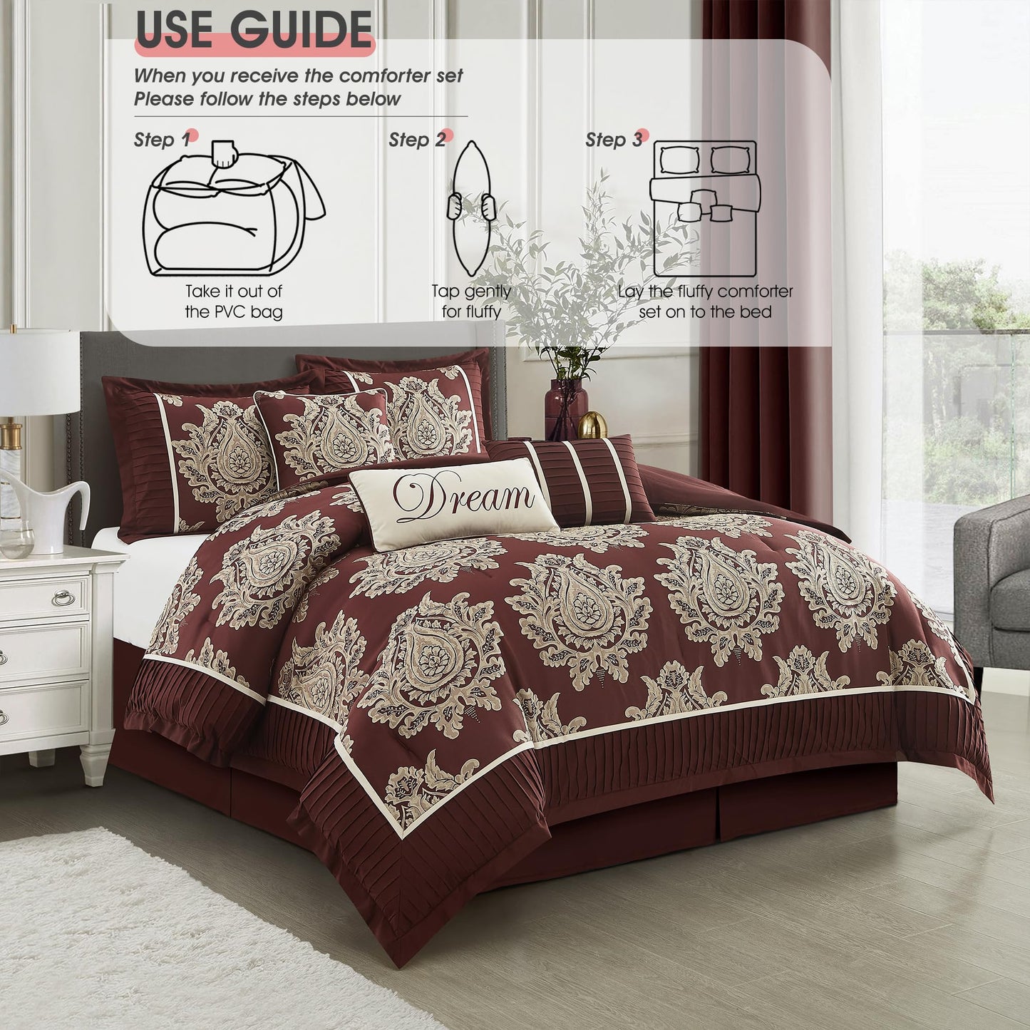 LANCO MODERN LIFESTYLE Burgundy King Size Comforter Set 7 Pieces, Jacquard Woven with Damask, Bedding Set in a Bag Includes Comforter, Bed Skirt, Pillow Shams, and Decorative Pillows
