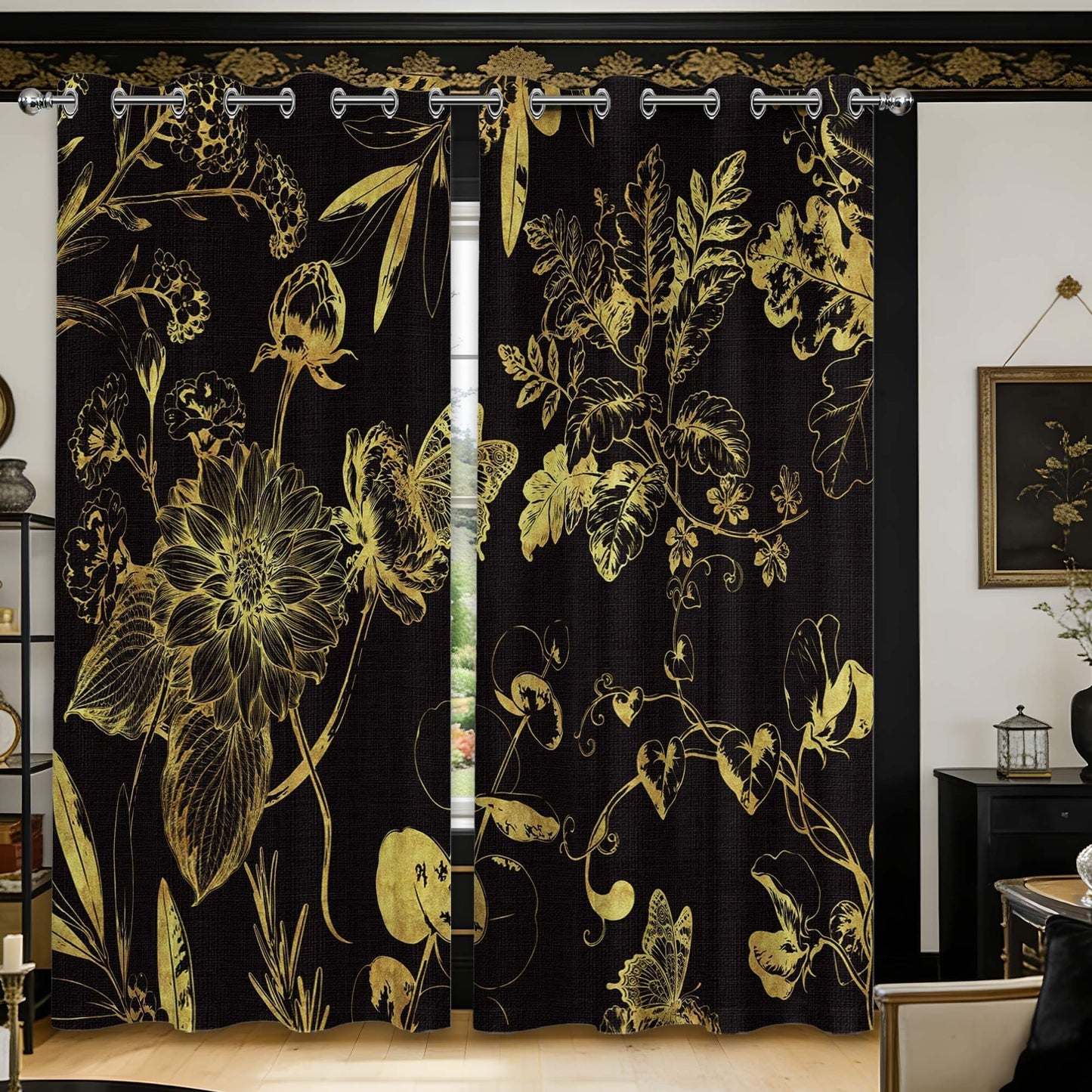soeeao Black and Gold Vintage Botanical Blackout Curtains Patterned Golden Yellow Floral Window Drapes for Bedroom Living Room, 84 inch Length 2 Panels Set, 52x84 inch