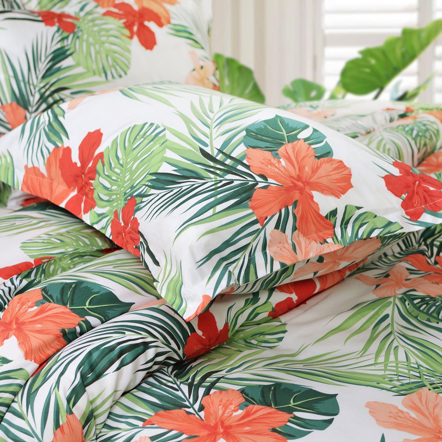 FADFAY Green Duvet Cover 100% Cotton Tropical Bedding Red Hibiscus Flower & Forest Green Palm Leaves Plants Watercolor Printed Zipper Closure Soft Breathable Girls Floral Bedding Set 3 Pcs, Full
