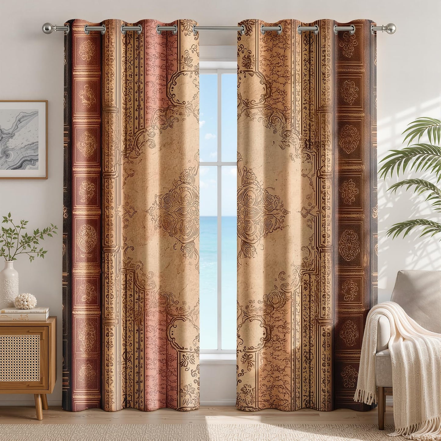 Damask Curtains 63 Inch Length 2 Panels Set, Vintage Antique Book Spine Baroque Floral Patterned Blackout Curtains for Kitchen, Thermal Insulated Room Darkening Grommet Drapes