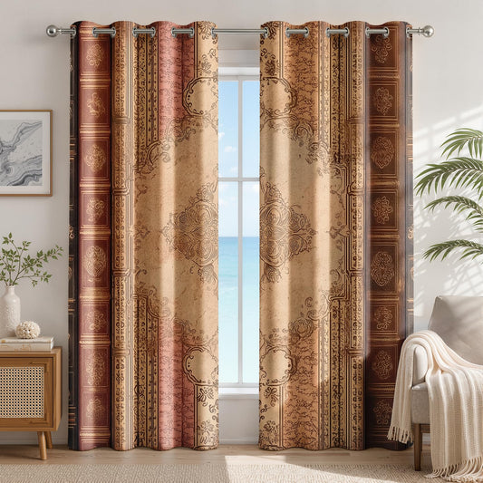 Damask Curtains 63 Inch Length 2 Panels Set, Vintage Antique Book Spine Baroque Floral Patterned Blackout Curtains for Kitchen, Thermal Insulated Room Darkening Grommet Drapes
