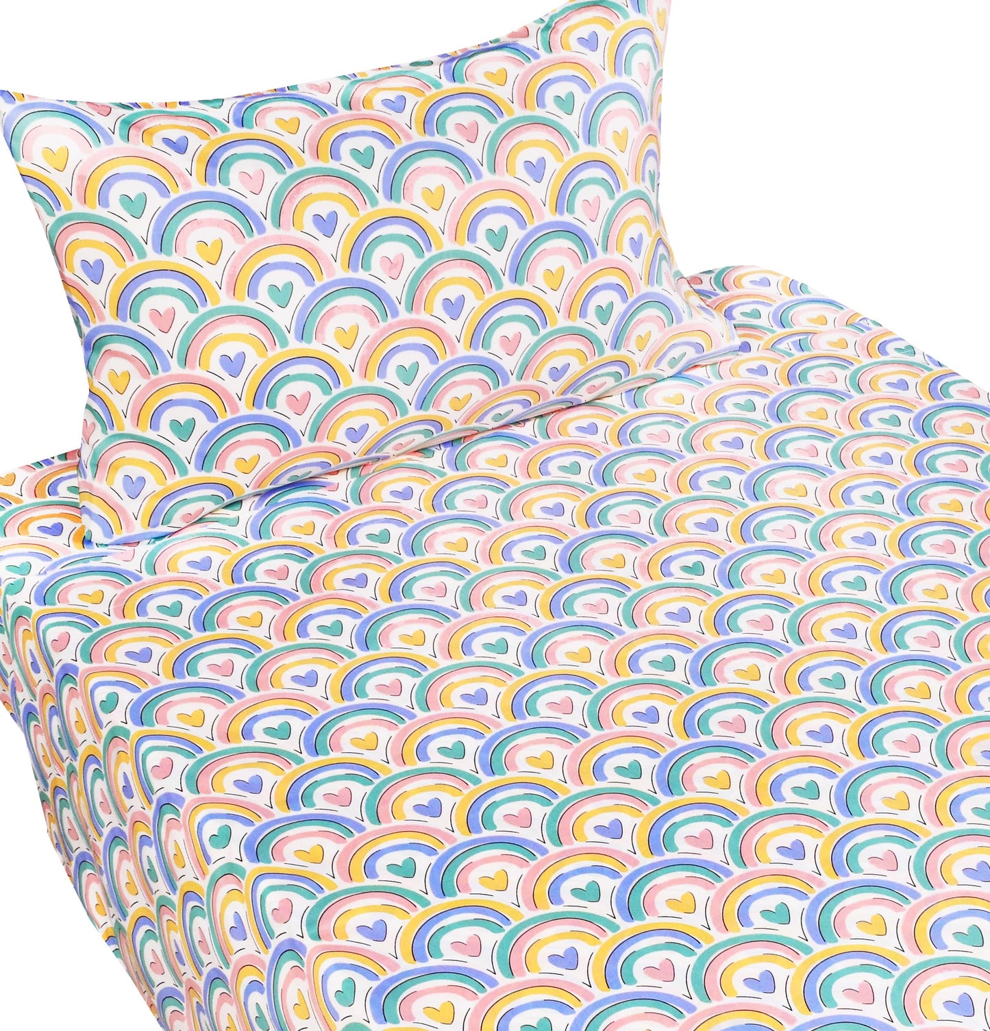J-pinno Rainbow Heart Colourful Cartoon 100% Cotton 3 Pieces Twin Sheet Set for Kids Girls Boys Children Flat Sheet + Fitted Sheet + Pillowcase Bedding Decoration Gift Set (Love Rainbow, Twin)