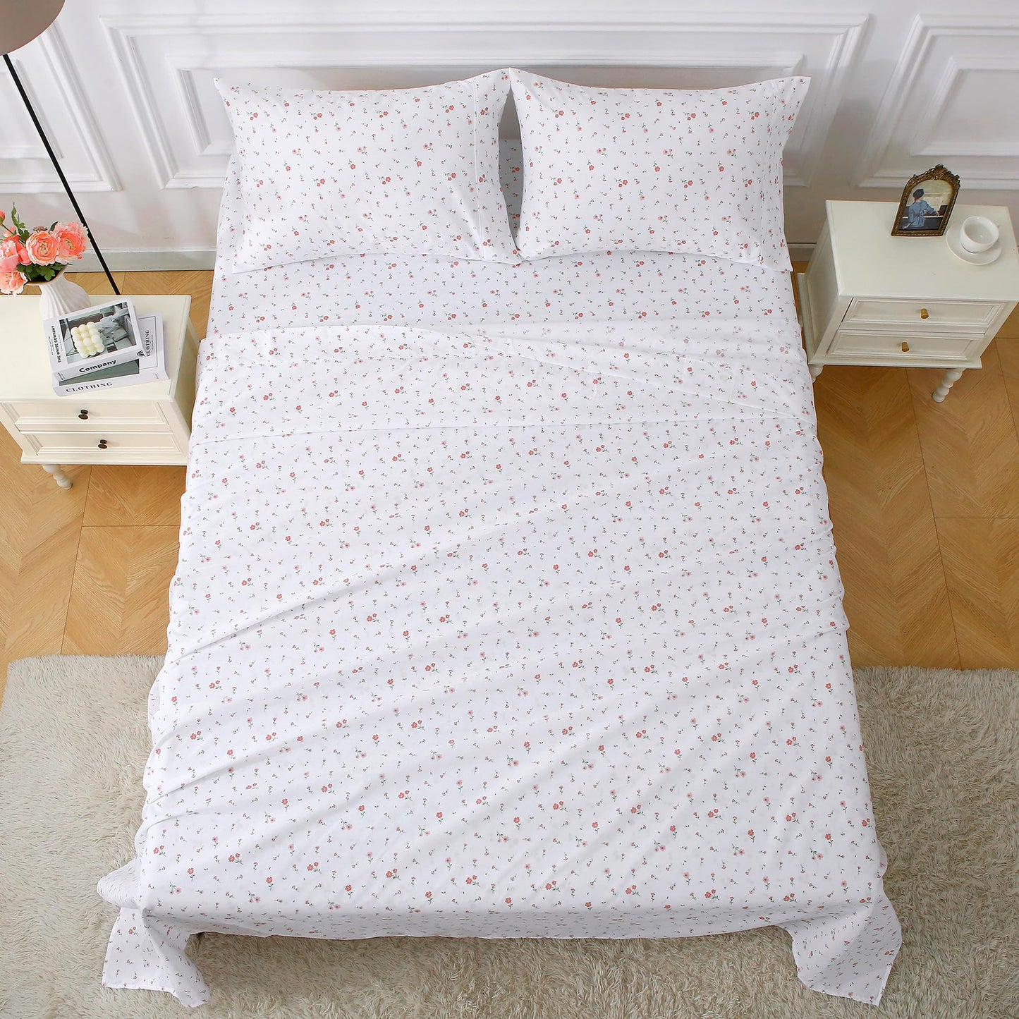 Softan Pink Flower Sheets for King Size Bed - 4 Piece Microfiber Floral Sheet Set with 15" Deep Pocket, Cute Pink Spring Flower Sheets and Pillowcase Set