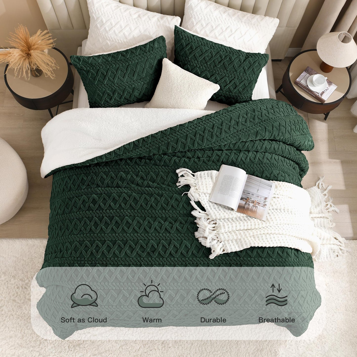 Andency Fluffy Sherpa Queen Comforter Set Dark Green, Super Soft Emerald Green Fleece Warm Bedding for Winter, Luxury Jacquard Boho Fuzzy Plush Bed Set 3 Pieces(1 Shaggy Comforter, 2 Pillowcases)