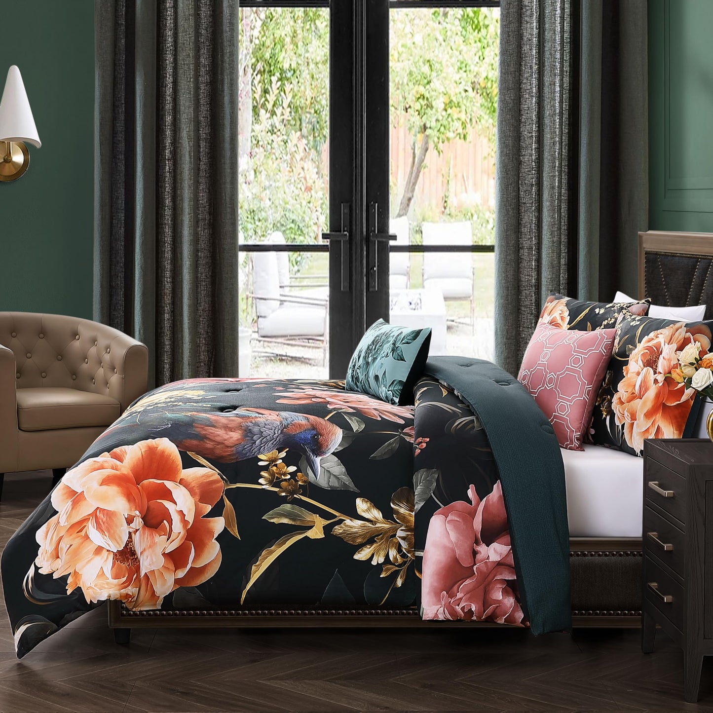 Bebejan Botanical Birds 5 Piece Comforter Set, 100% Cotton Sateen, 220 Thread Count, Black Reversible Bedding Comforter Set, 1 Comforter, 2 Shams & 2 Pillows (King/Cal King)