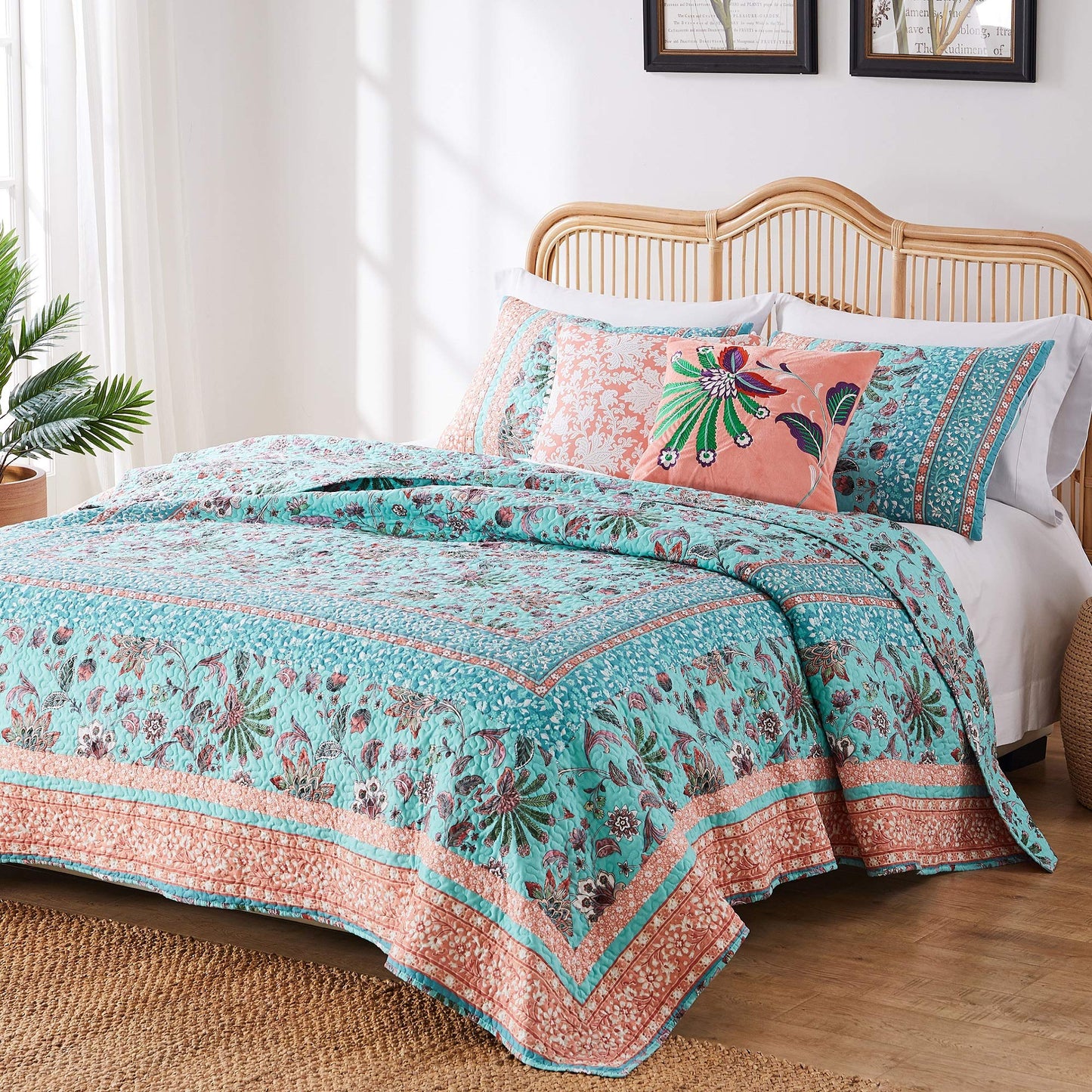 Greenland Home Barefoot Bungalow Audrey Reversible Quilt Set, 3-Piece Full/Queen, Turquoise