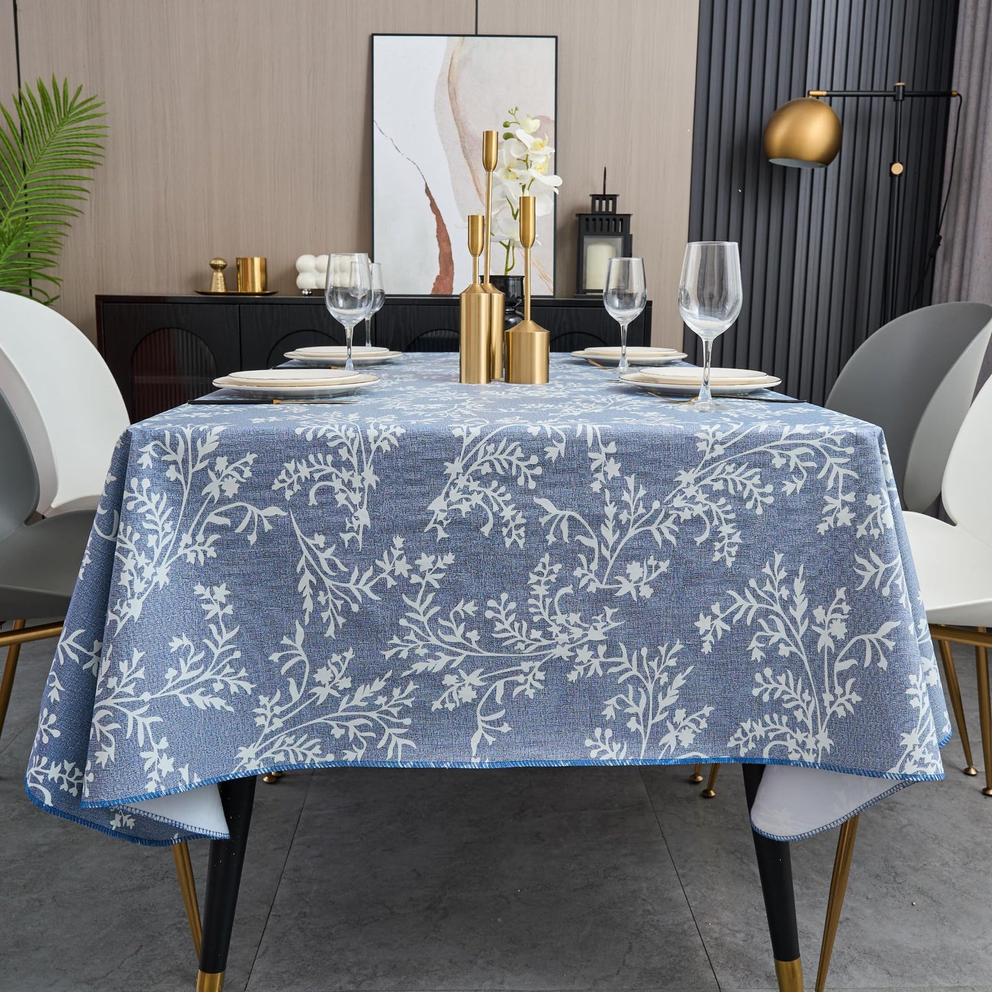 LIBERECOO Vinyl Tablecloth with Flannel Backing –Indigo Botanical Charm, Waterproof, Wipeable, Durable Table Cover – 4 Colors
