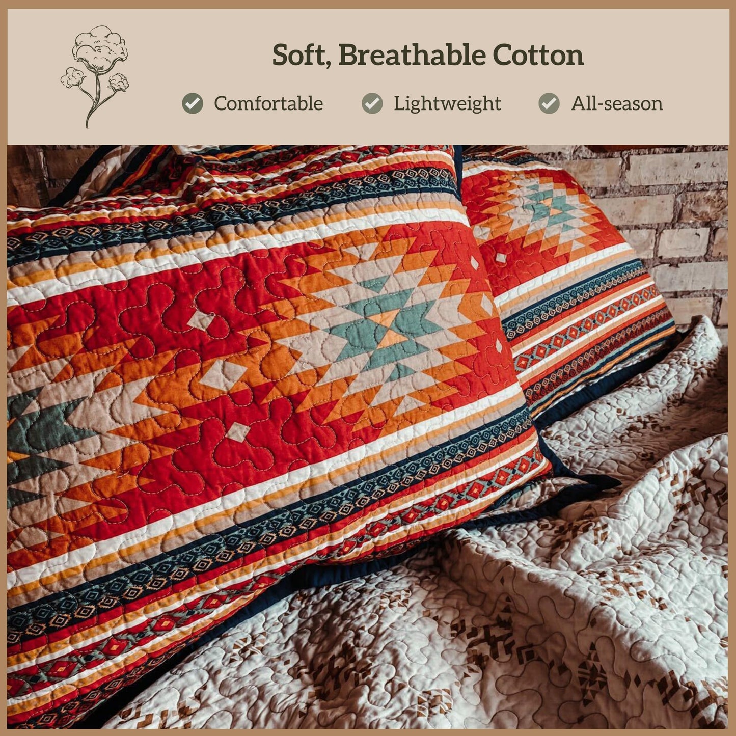 Paseo Road Del Sol Queen Quilt Set, 3 Piece Rustic Western Bedding Set with Pillow Sham, Lightweight Reversible Cotton Quilt with Southwestern Aztec Pattern, Soft Breathable Cozy Boho Bedding