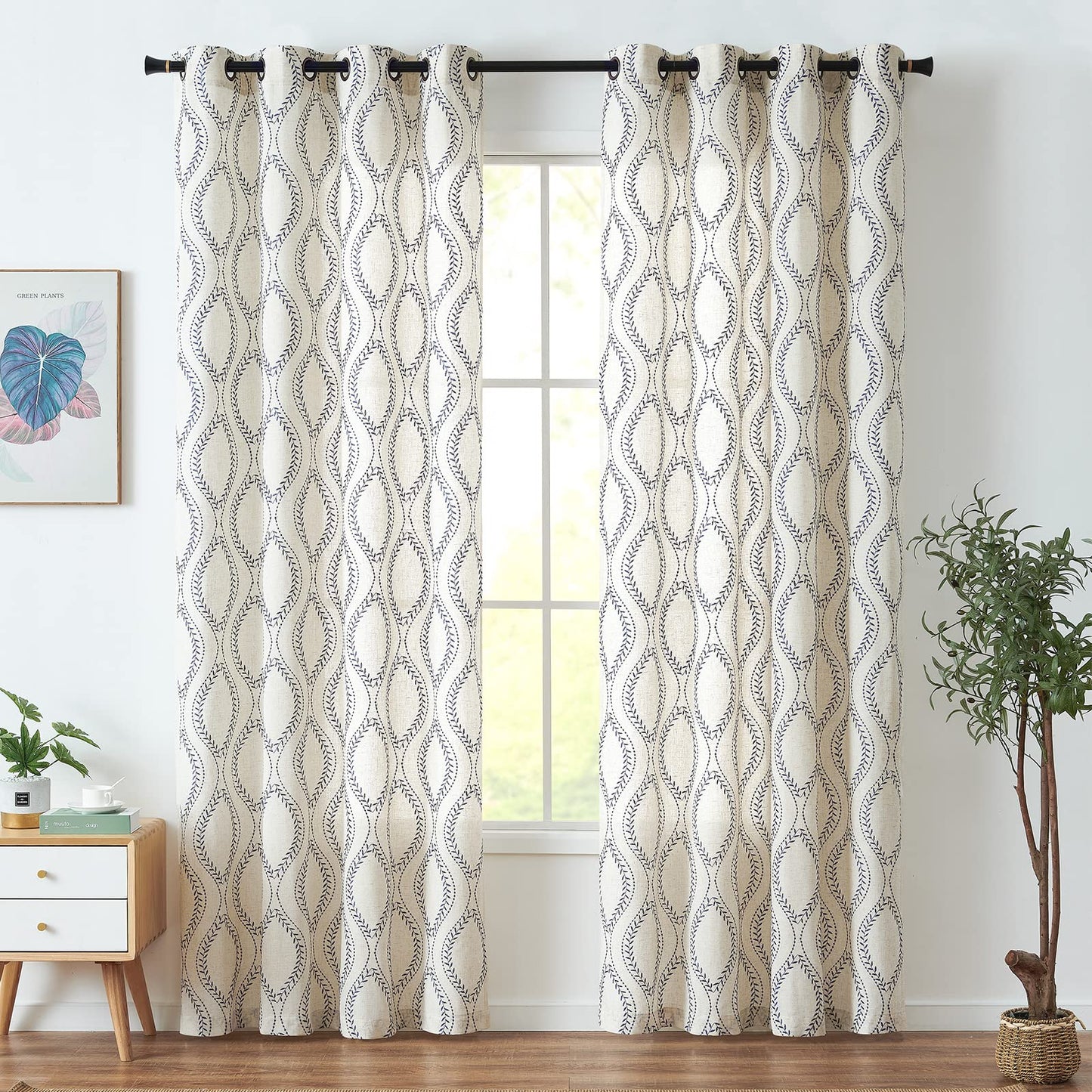 jinchan Boho Linen Blend Beige Farmhouse Curtains 84 Inch Length 2 Panels Set Blue Embroidered Leaf Living Room Ogee Geometry Drapes Light Filtering Curtains Grommet Blue on Flax