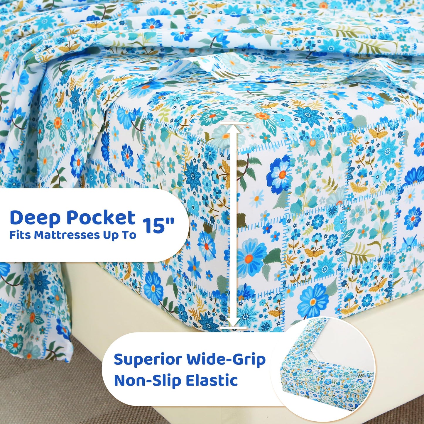 Mooreeke Cozy Pastoral Microfiber Printed Full Sheet Set - Soft & Breathable Blue Green Floral Patchwork Bed Sheets with Extra Deep Pocket - Non-Slip Fitted Design - Floral Patchwork Pattern - Full
