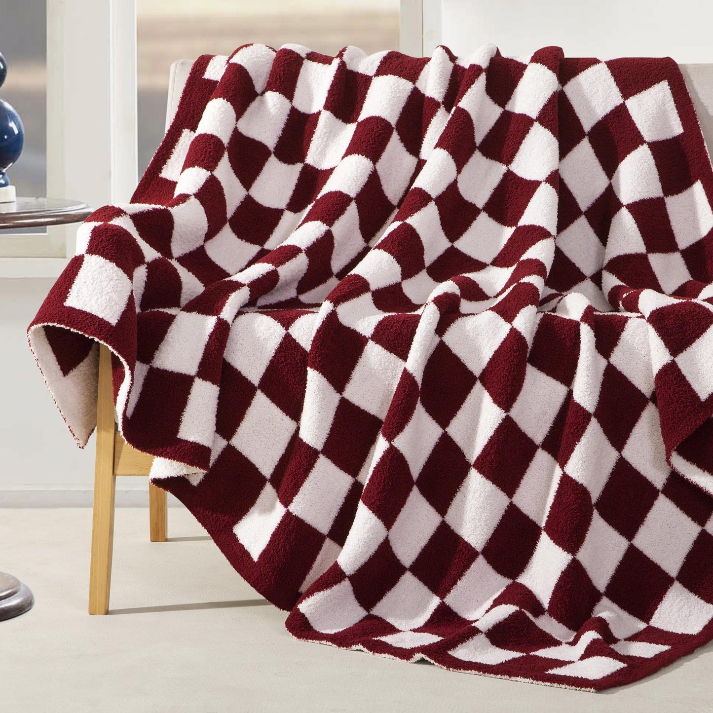 Elegant Comfort Checkered Throw Blanket, Burgundy Super Soft Cozy Fluffy Warm Throw Blankets for Couch, Sofa, Chair, Bed, Camping, Picnic, Travel Lightweight Bed Blanket (50" x 70")
