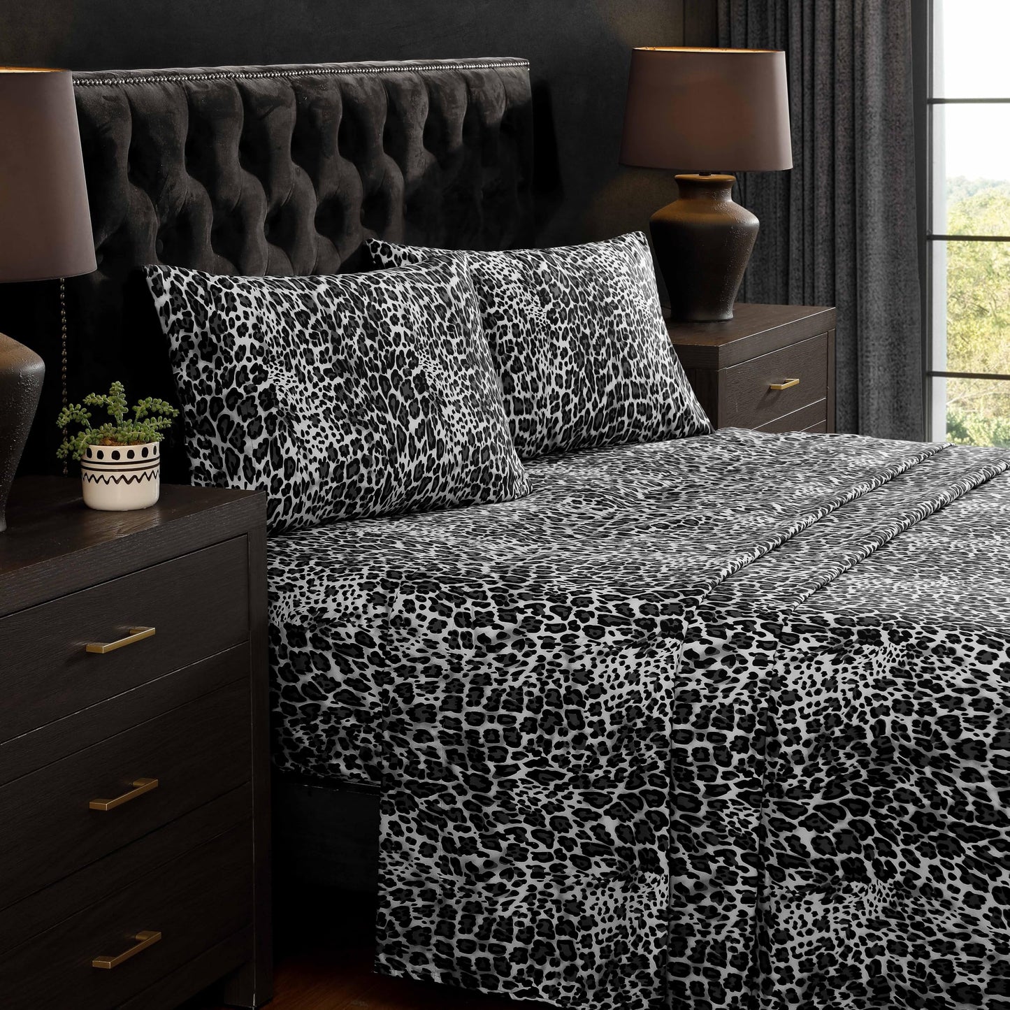 Beatrice Home Fashions Printed Microfiber Sheet Set, Soft Comfortable Easy Care, Includes 1 Fitted Sheet with 12" Deep Pockets, 1 Flat Sheet, Pillowcase, Full, Leopard Gray