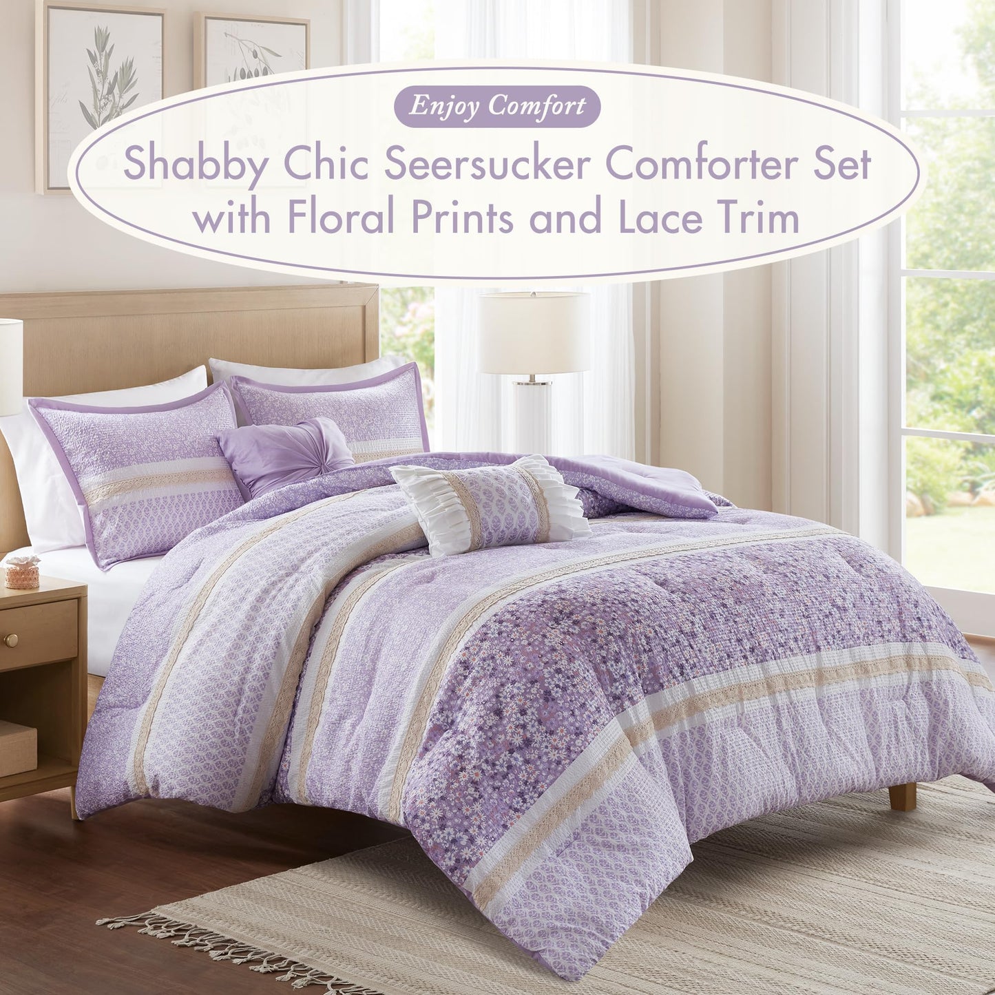 Madison Park Comforter Set, Seersucker Floral King Size Comforter Sets, Microfiber Comforters, All Season Lightweight Comforter, Throw Pillows, Caralie, King/Cal King Purple 5 Piece