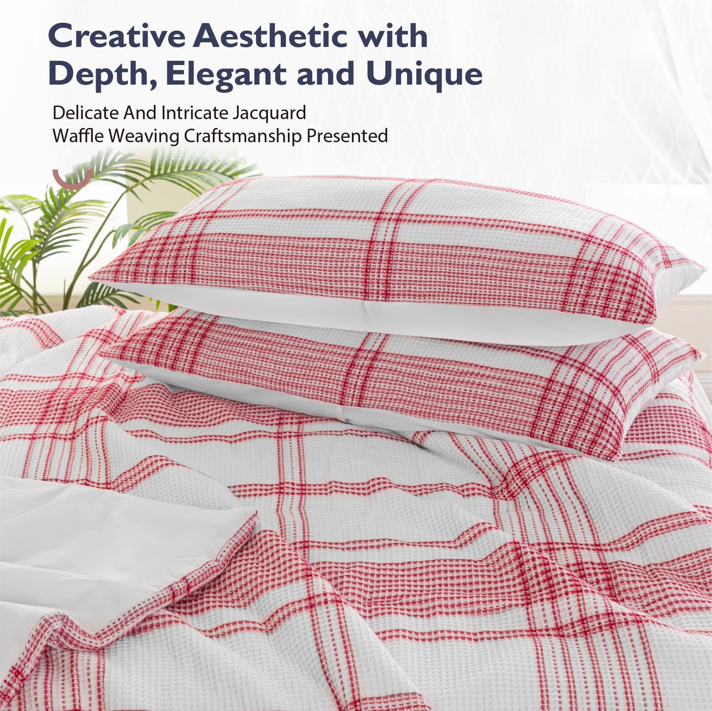 ALPHA HOME 100% Cotton Jacquard Comforter Set Full Size, 3 Pieces with Comforter & Pillow Shams, Cozy Waffle Weave Bedding Sets for All Season, Crimson Red