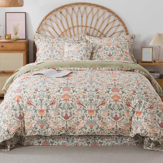 FADFAY King/California King 3 Piece 100% Cotton Duvet Cover Set in Ivory, Sage Green & Coral Floral Bird Print, Vintage Botanical Cottagecore Bedding, Zipper Closure, Flanged Pillowcases