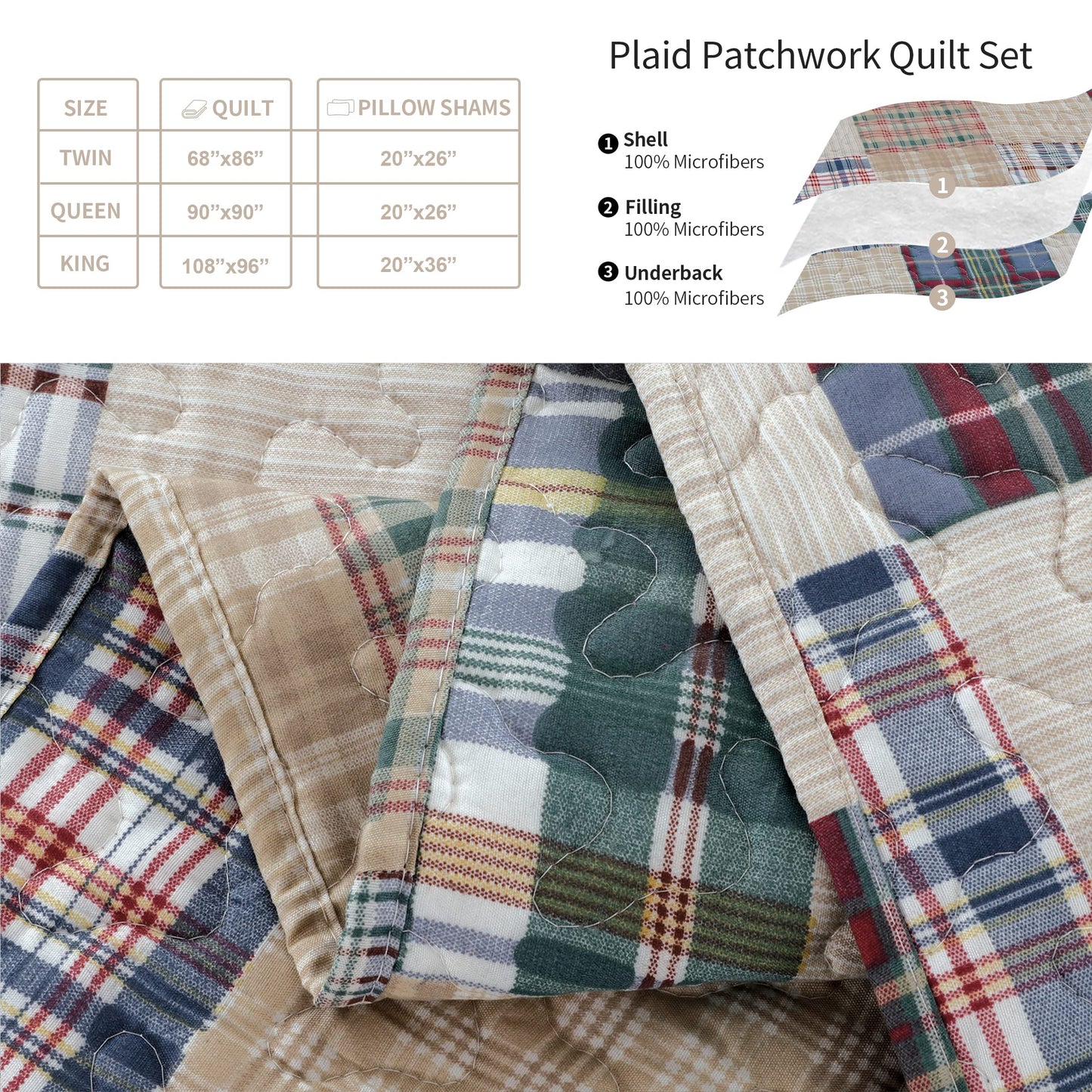 Quilt Set Queen Size Plaid Bedspread Coverlet Queen Quilts Patchwork Bedding Mens Plaid Collection Quilt Bedspread Lightweight Reversible Quilt Bedding Set Queen Bedspread with Pillow Shams,Beige