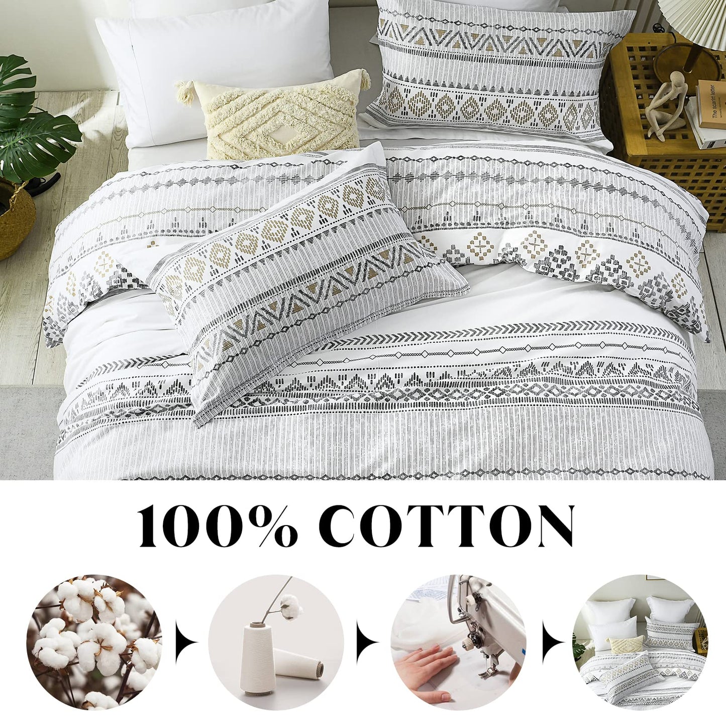 CozyDH Cotton Duvet Cover King - 100% Cotton 400TC Boho Aztec Duvet Cover King Size, Soft and Breathable King Duvet Cover Set for All Season, Bohemian Geometric 3pcs Bedding Set (King, 104"x90")