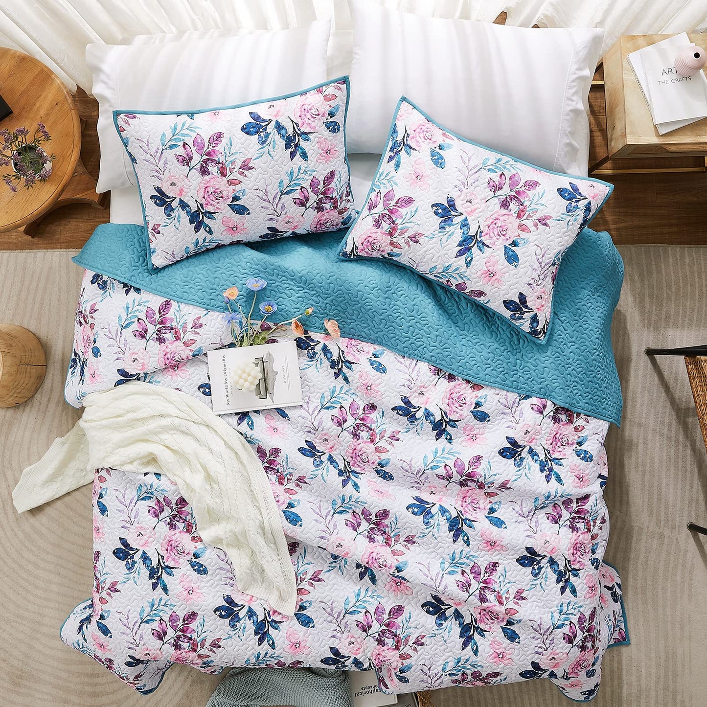 WRENSONGE Floral Quilt Queen Size - Reversible Botanical Flower Quilt Bedding Set Lightweight Bedspread Soft Coverlet for All Seasons (90"x94")