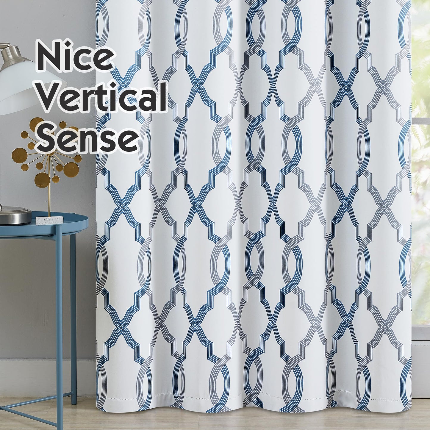 ugoutry 100% Blackout Curtains 63 Inches Long for Bedroom, Blue Grey on White Moroccan Geometric Patterned Window Curtain for Living Room, Farmhouse Thermal Insulated Drapes Grommet Top 2 Panels