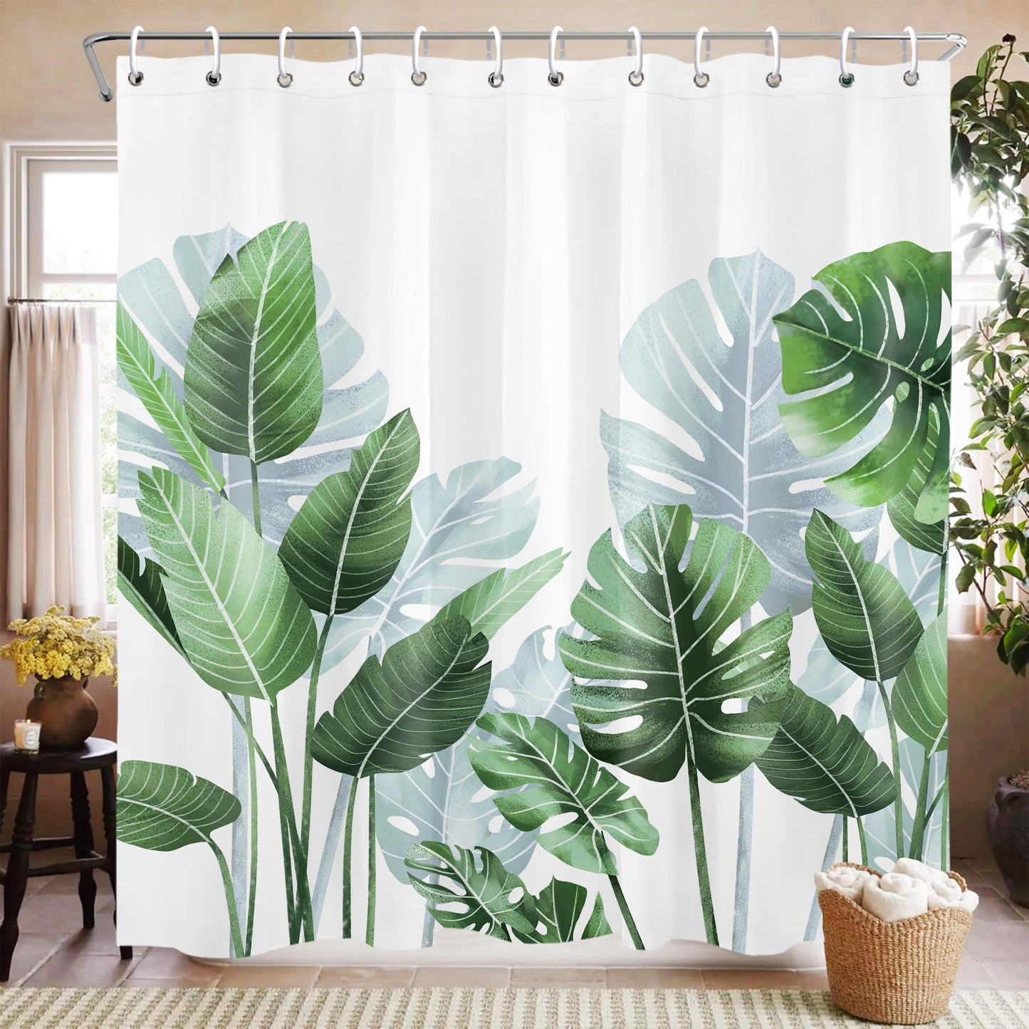Mayormyth Tropical Green Leaf Shower Curtain Hawaiian Monstera Shower Curtains for Bathroom Boho Plant Palm Leaf Shower Curtain Set Polyester Waterproof Cloth Fabric with Hooks 72x72 Inches