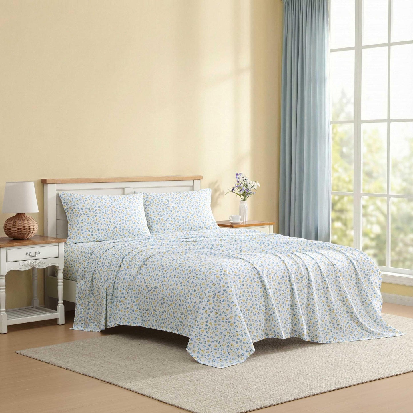 Laura Ashley - Twin Sheet Set, Crisp & Cool Cotton Percale Bedding for Year Round Comfort, Deep Pocket, Bed Sheets with Matching Pillowcase (Ditsy Doodle Blue)