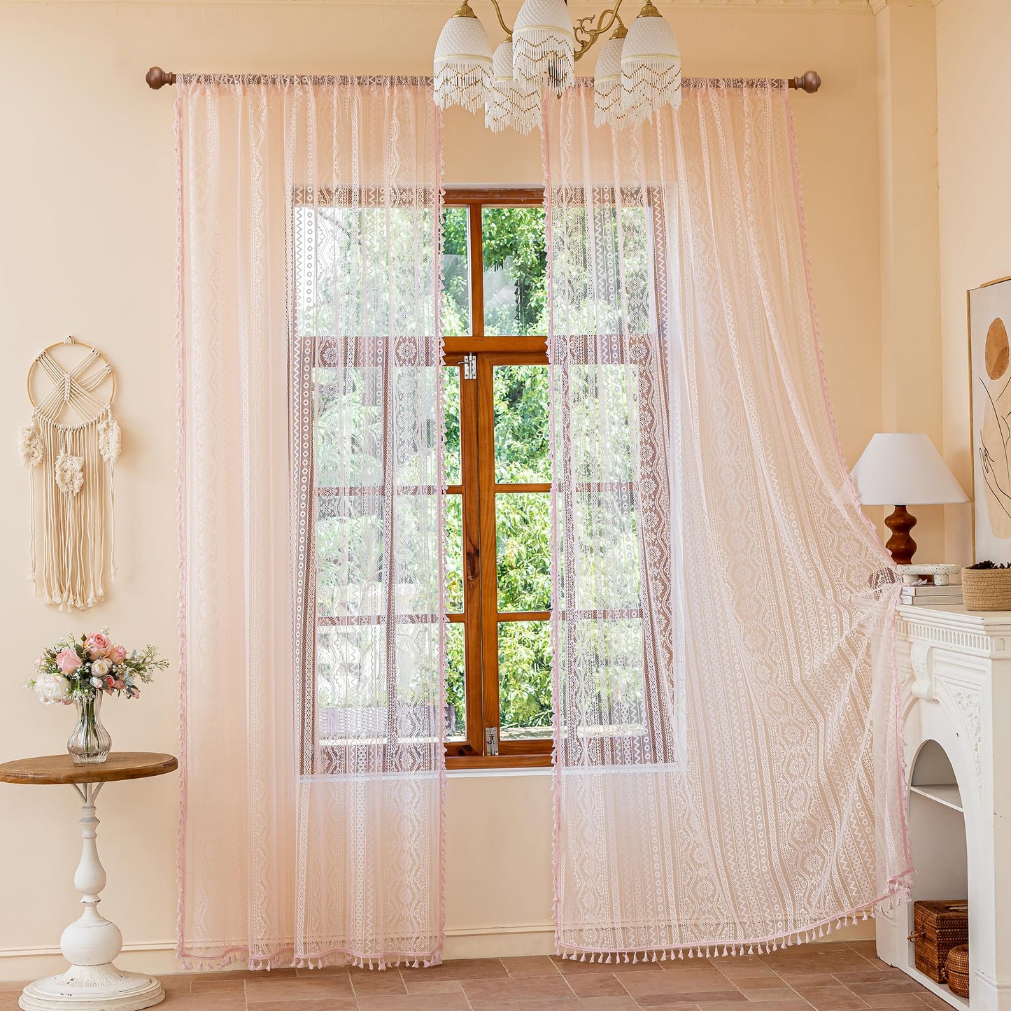 MYSKY HOME Pink Sheer Lace Curtains 2 Panels 90 inch Length for Girls Room Nursery Boho Vintage Floral Crochet Pattern Privacy Rod Pocket Tassels Small Windows Curtains, Wide 55 inch, 2 PCs
