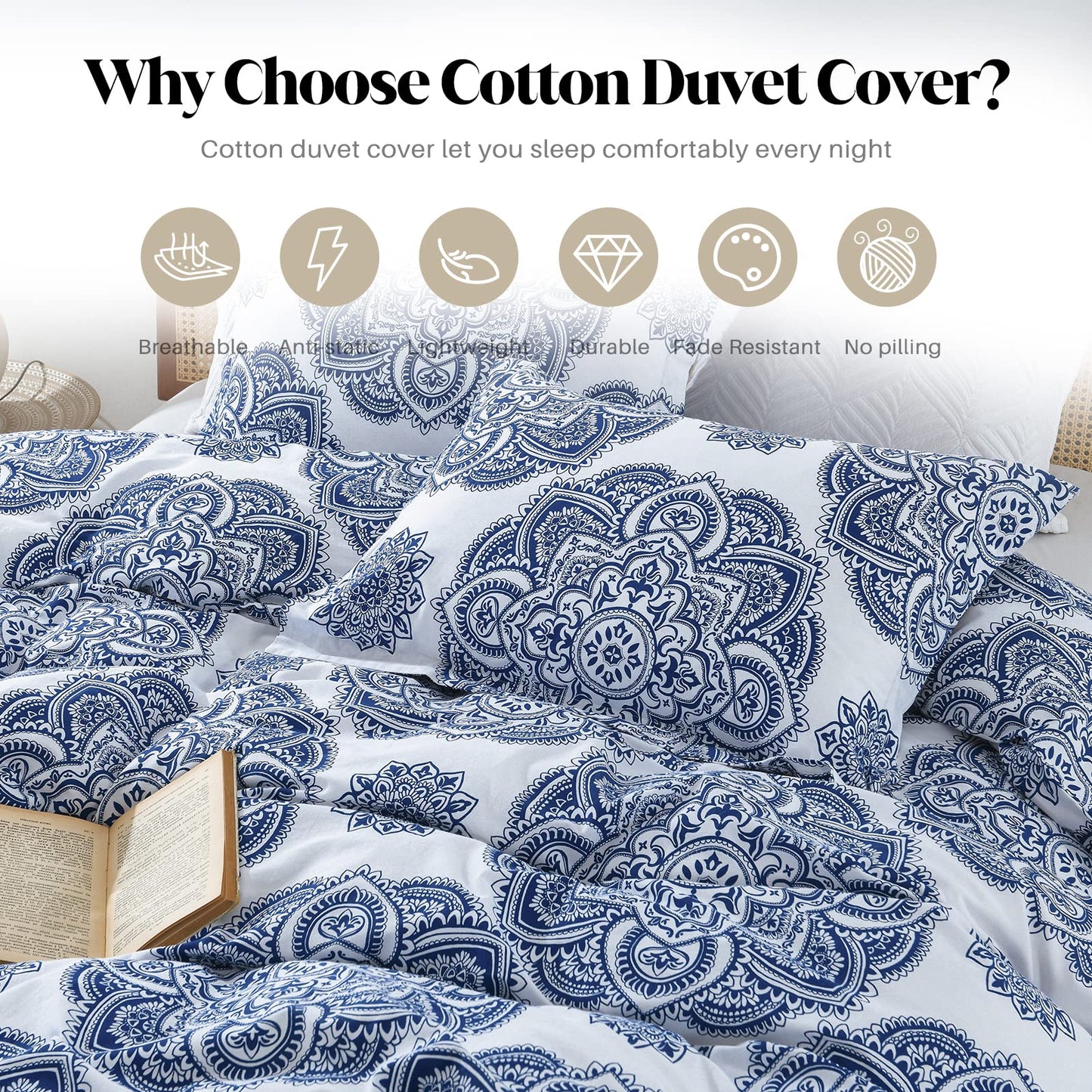 CozyDH Cotton Duvet Cover King Size - 100% Cotton 400TC Floral Damask Paisley Duvet Cover Set, 3pcs Soft Lightweight King Beddding Set, Zipper Closure 8 Ties(Royal Blue, 104x90, No Comforter)