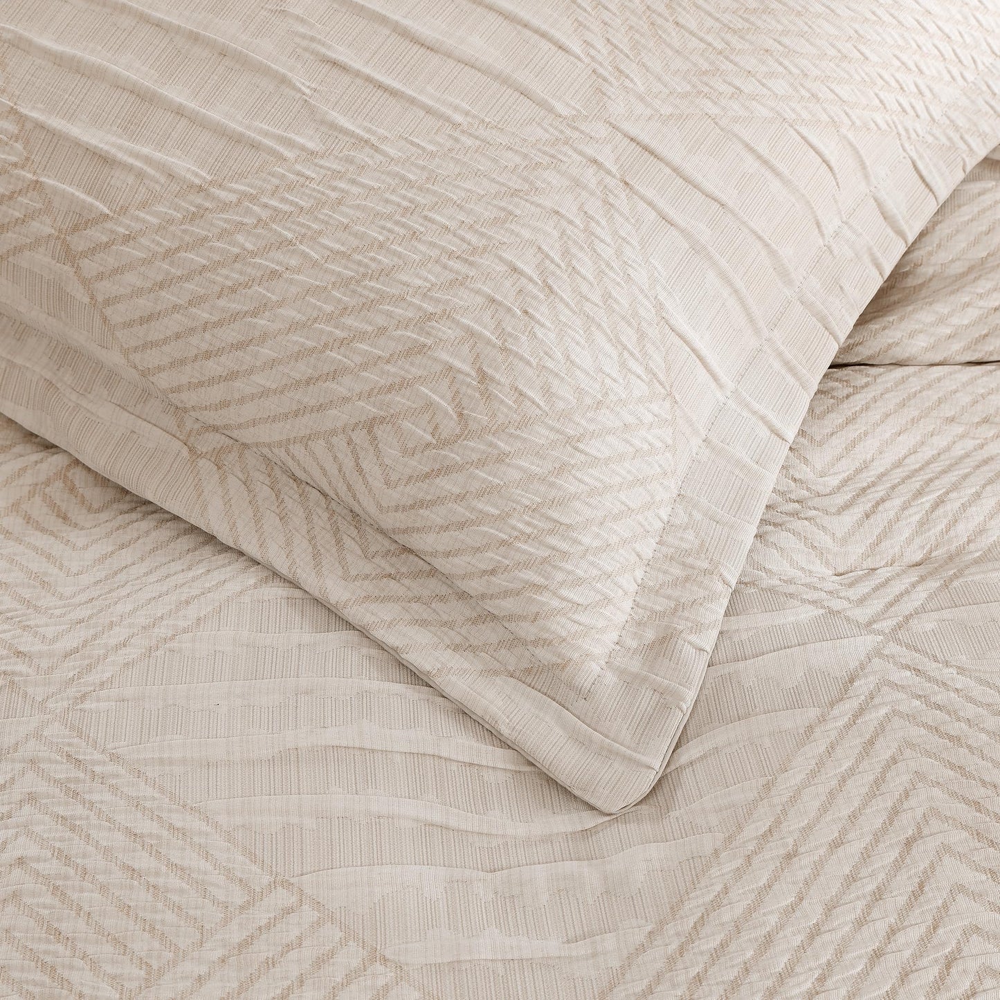 MaiRêve Queen Comforter Set Beige, Crinkle Textured Design Boho Bedding Set 7 Pieces Bed in A Bag, All Season Geometric Comforter Set with Sheets, Pillowcases & Shams