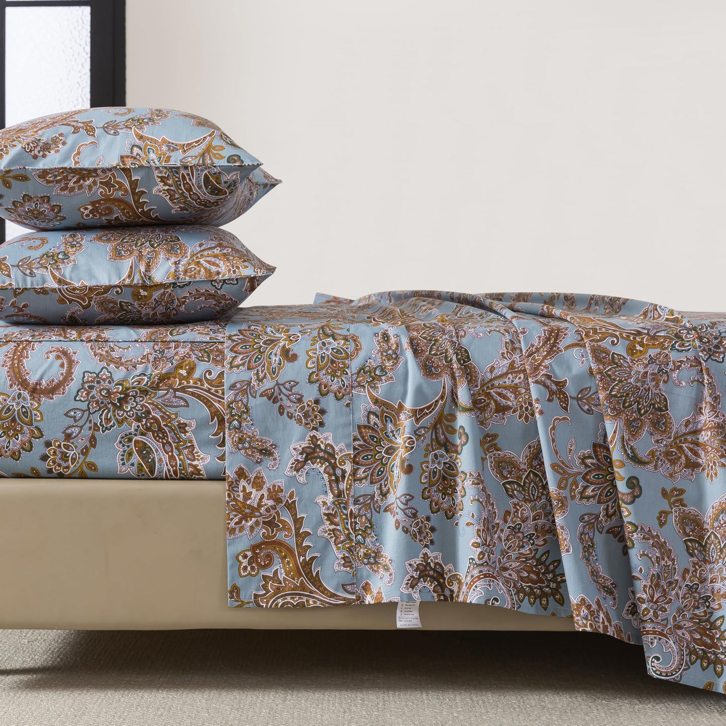 FADFAY King Sheet Set, Vintage Blue Paisley 4-Piece 100% Cotton Bed Sheets, Soft & Breathable Deep Pocket Fitted Sheet, Classic Elegant Style for All Seasons